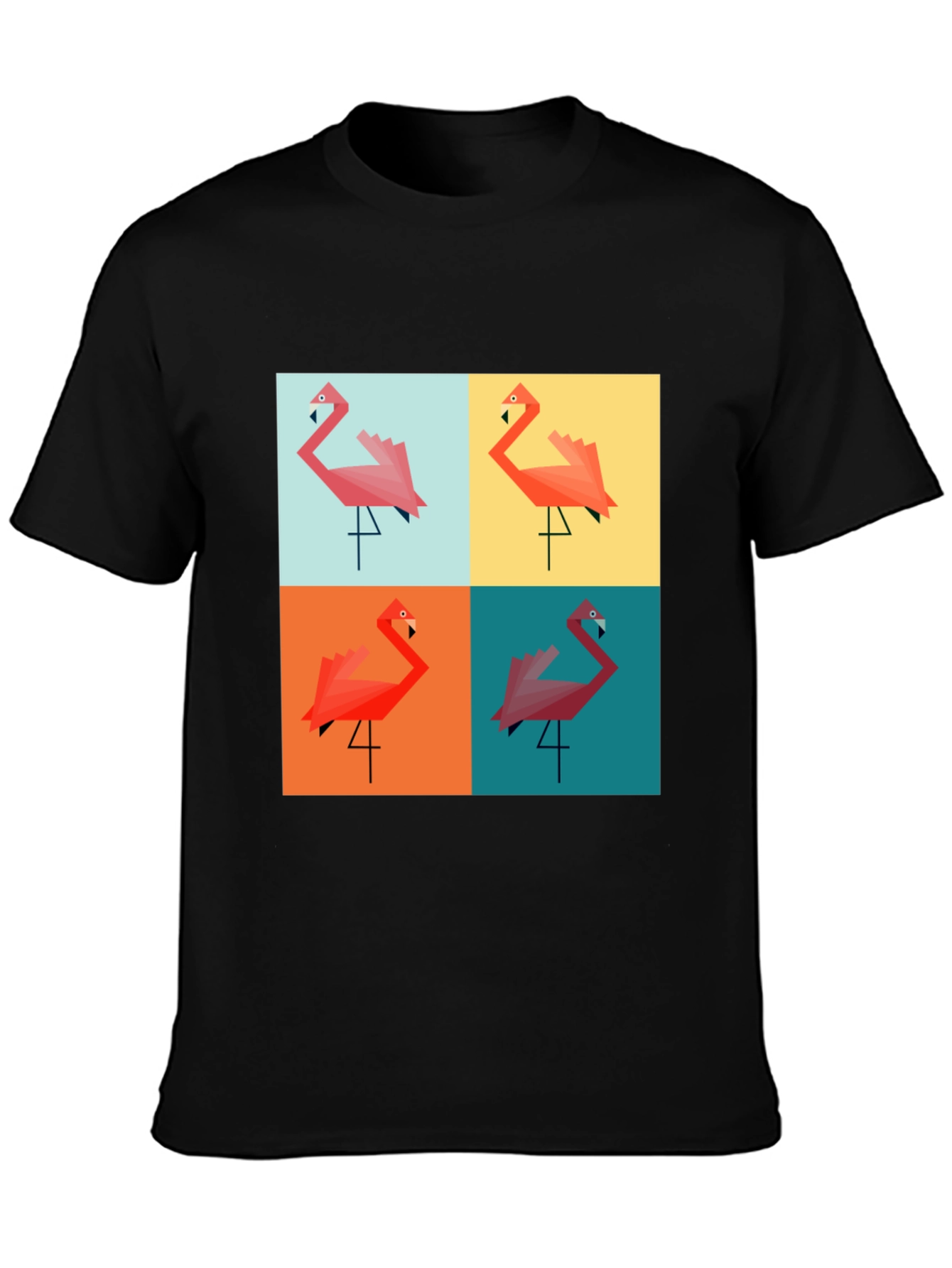 Geometric Flamingo Pop Art Black T-Shirt