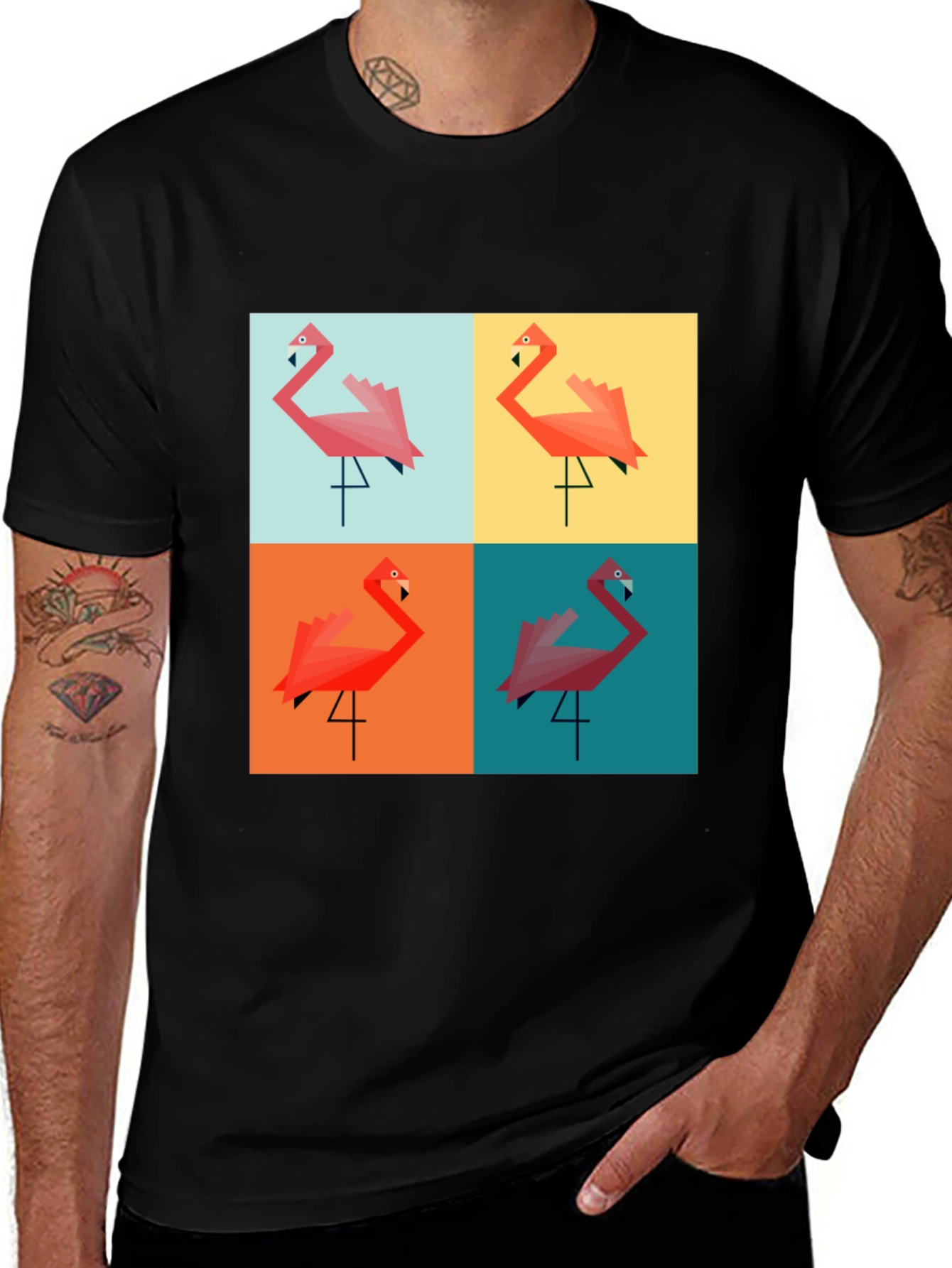 Geometric Flamingo Pop Art Black T-Shirt