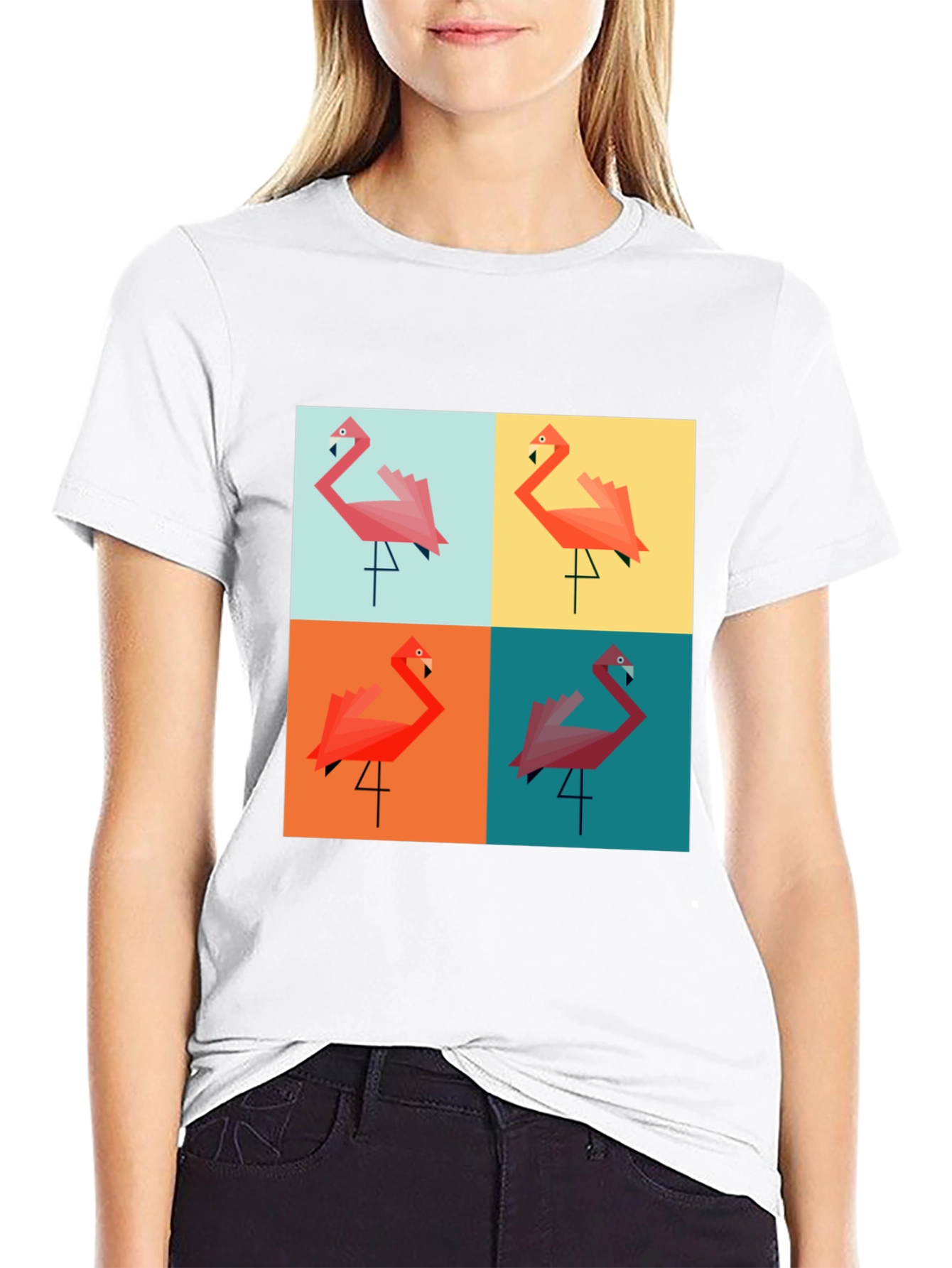 Geometric Flamingo Pop Art Black T-Shirt