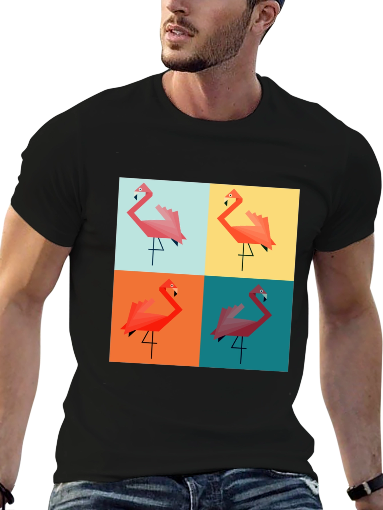 Geometric Flamingo Pop Art Black T-Shirt