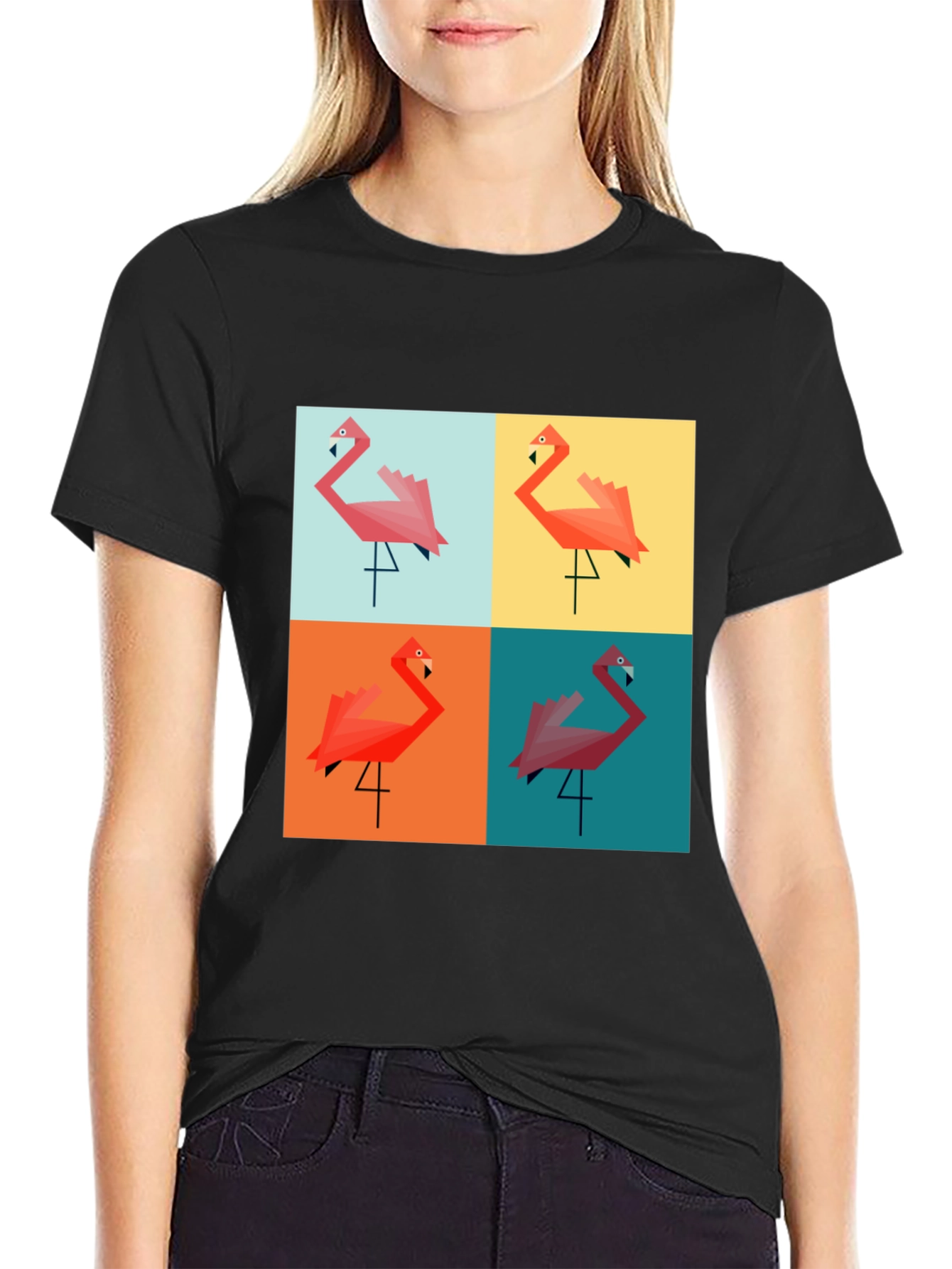 Geometric Flamingo Pop Art Black T-Shirt