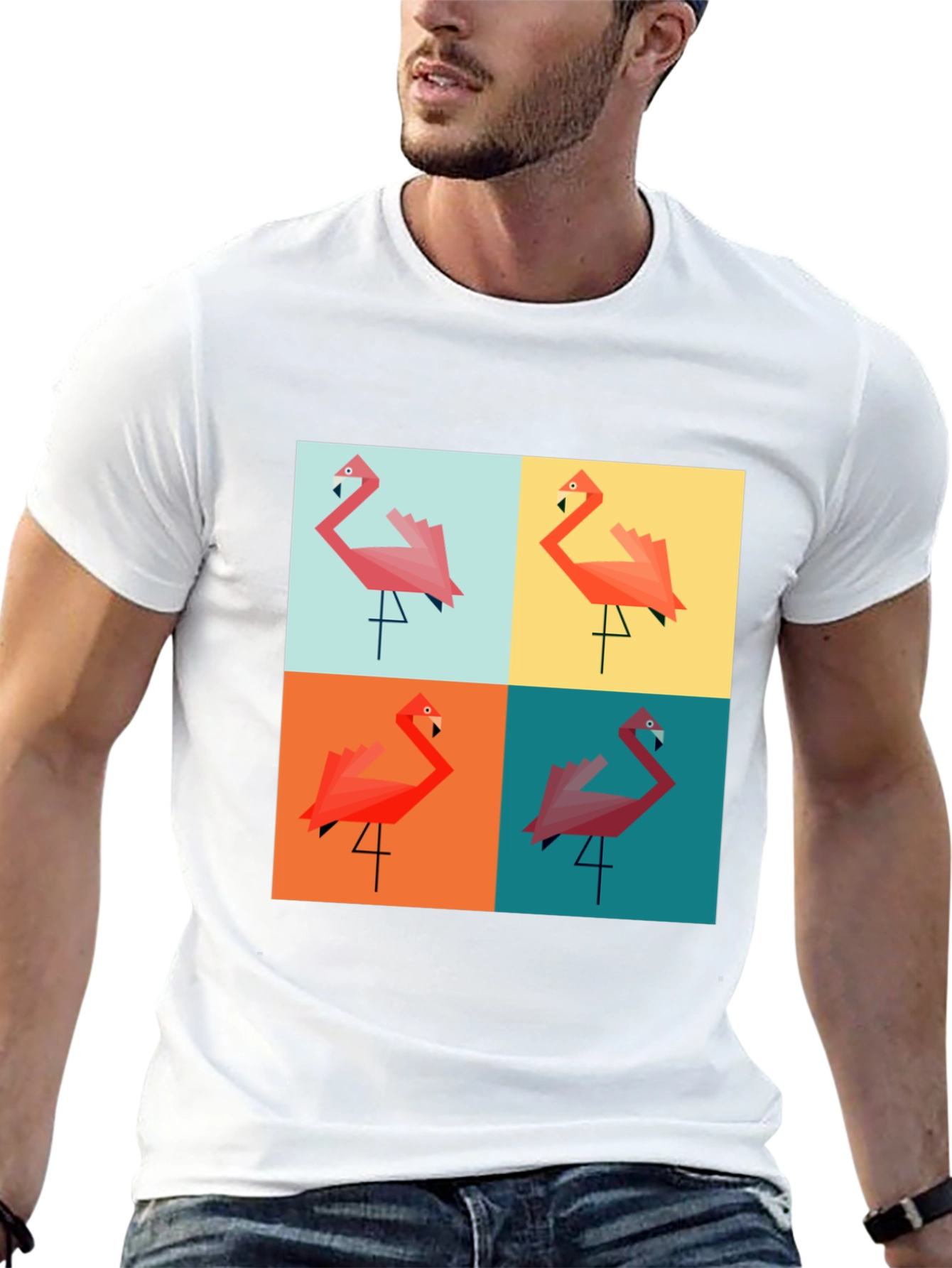 Geometric Flamingo Pop Art Black T-Shirt