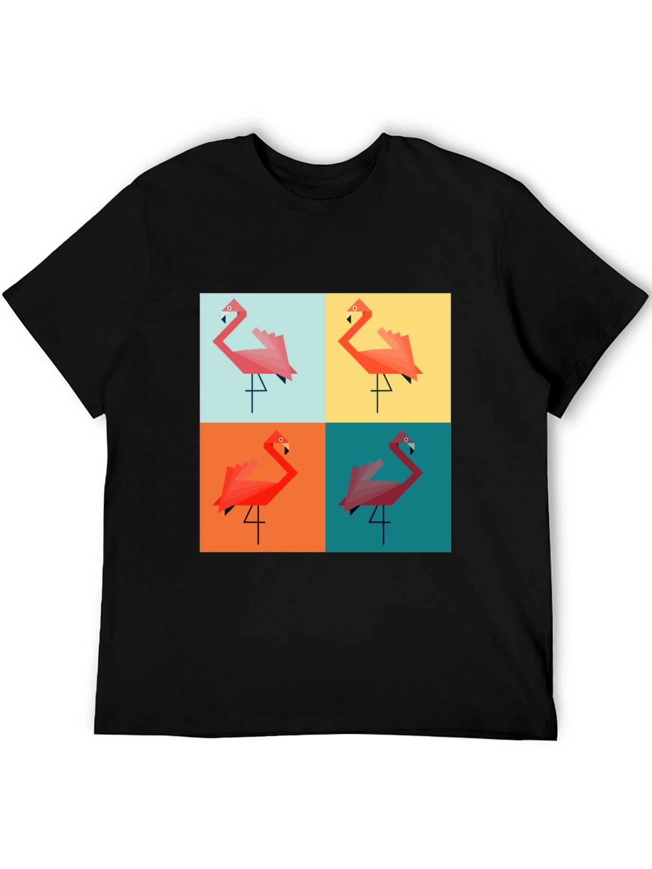 Geometric Flamingo Pop Art Black T-Shirt