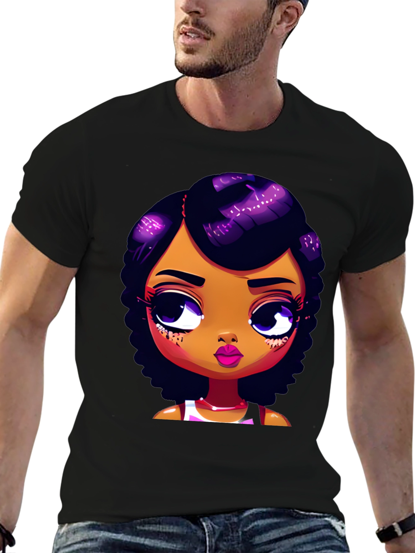 Cartoon Girl Graphic Tee - Stylish Black T-Shirt