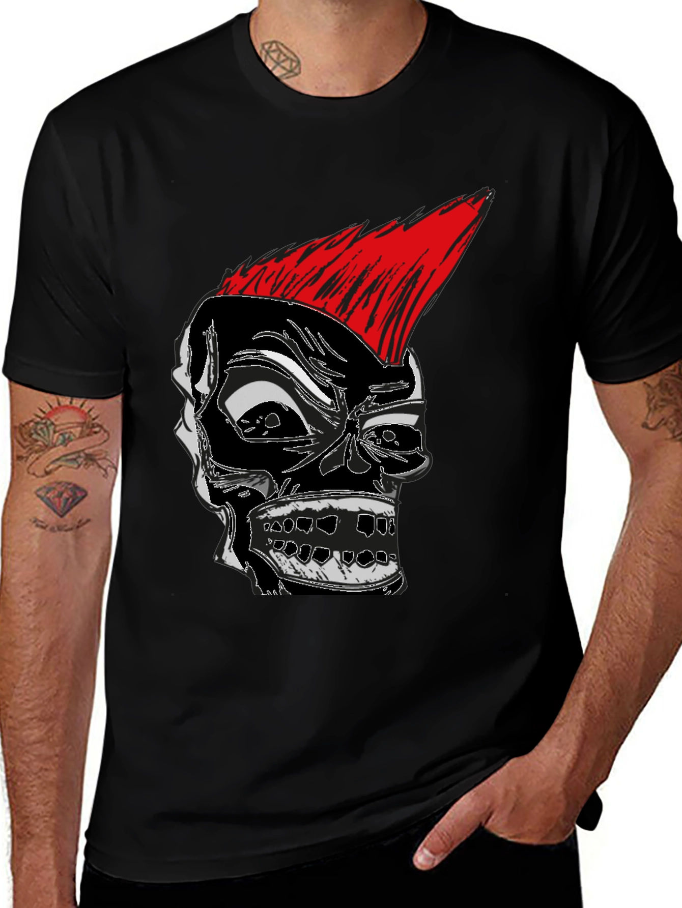 Punk Rock Skull Graphic Tee - Black Cotton T-Shirt