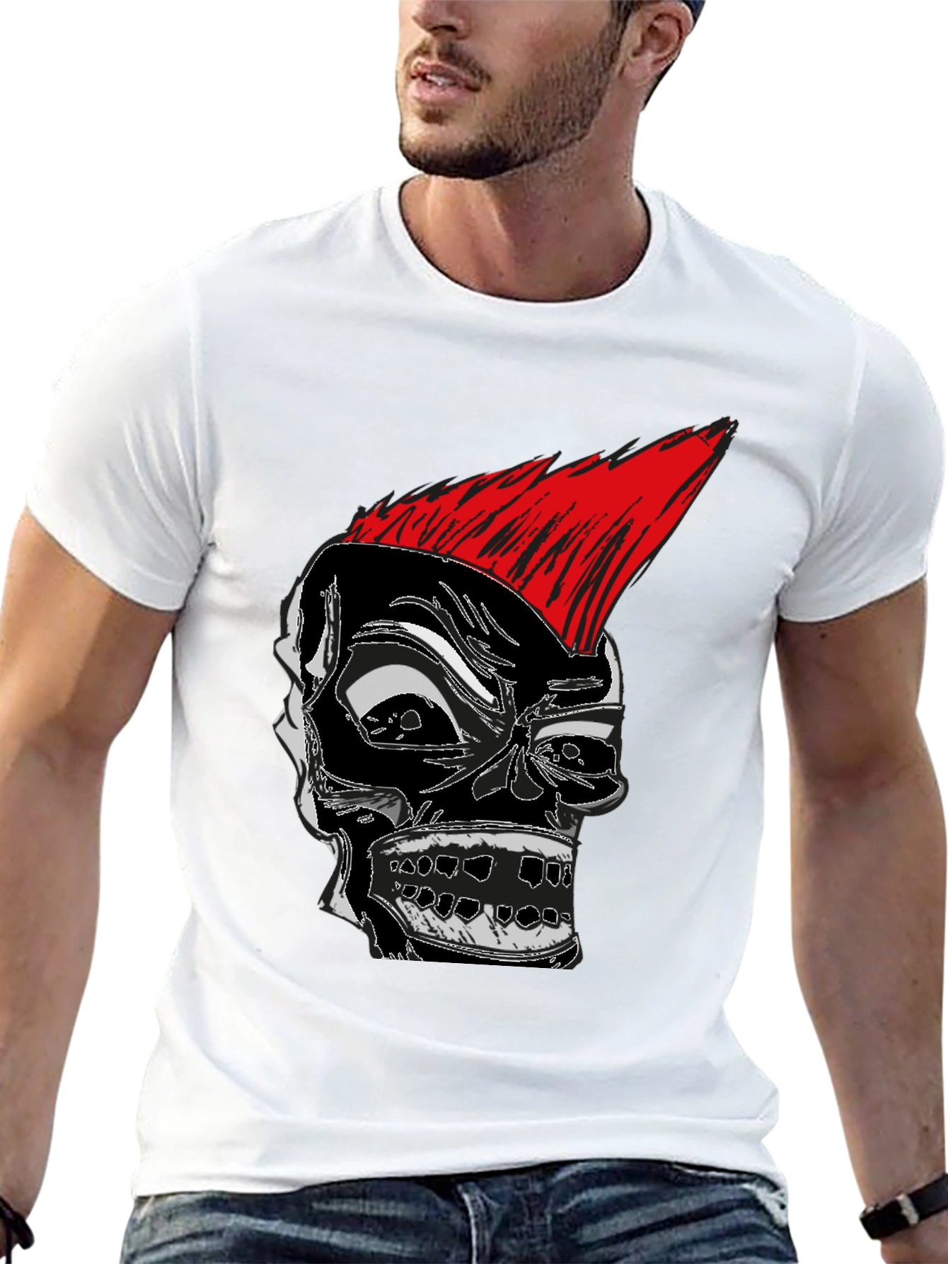 Punk Rock Skull Graphic Tee - Black Cotton T-Shirt