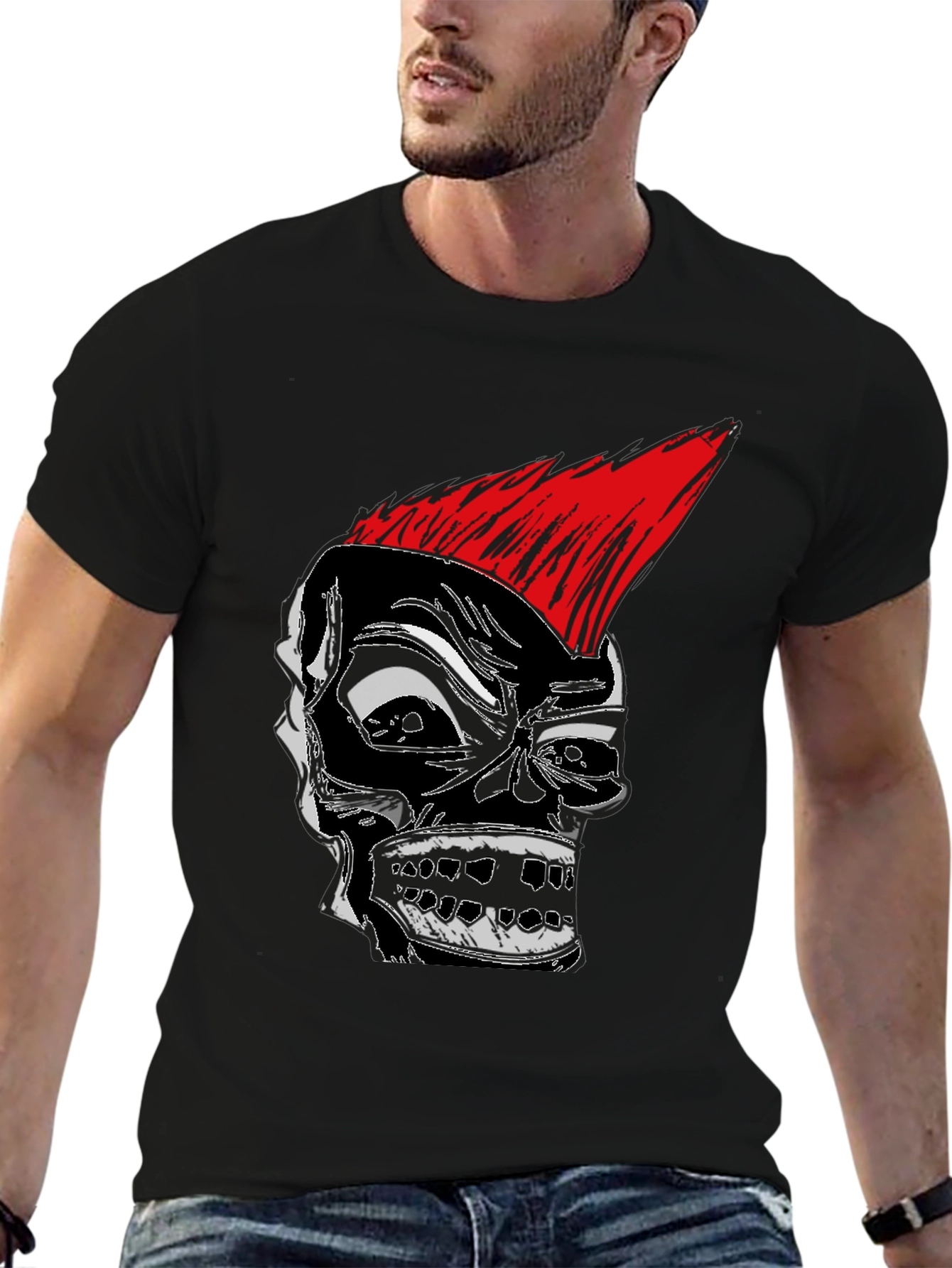 Punk Rock Skull Graphic Tee - Black Cotton T-Shirt