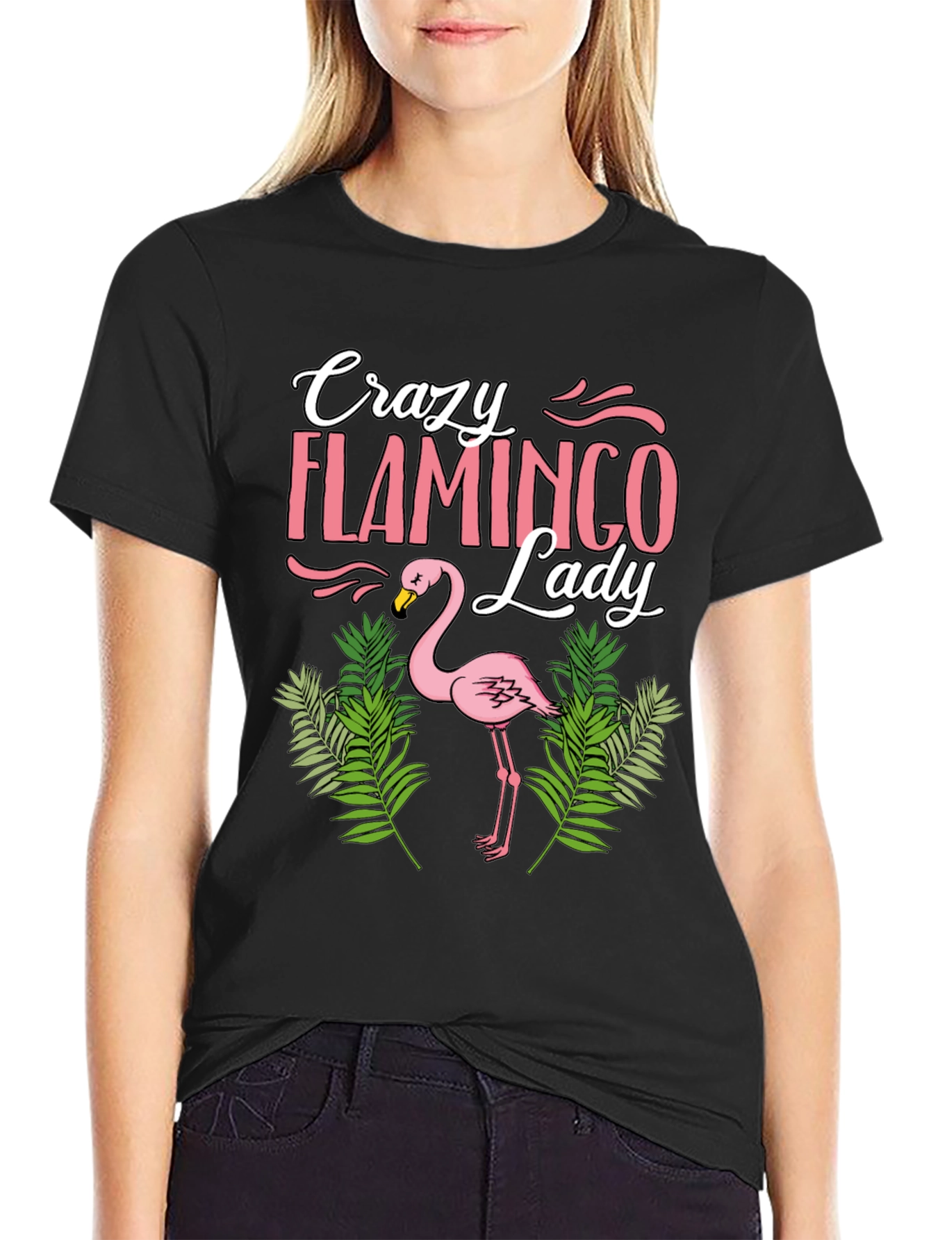 Crazy Flamingo Lady T-Shirt - Black