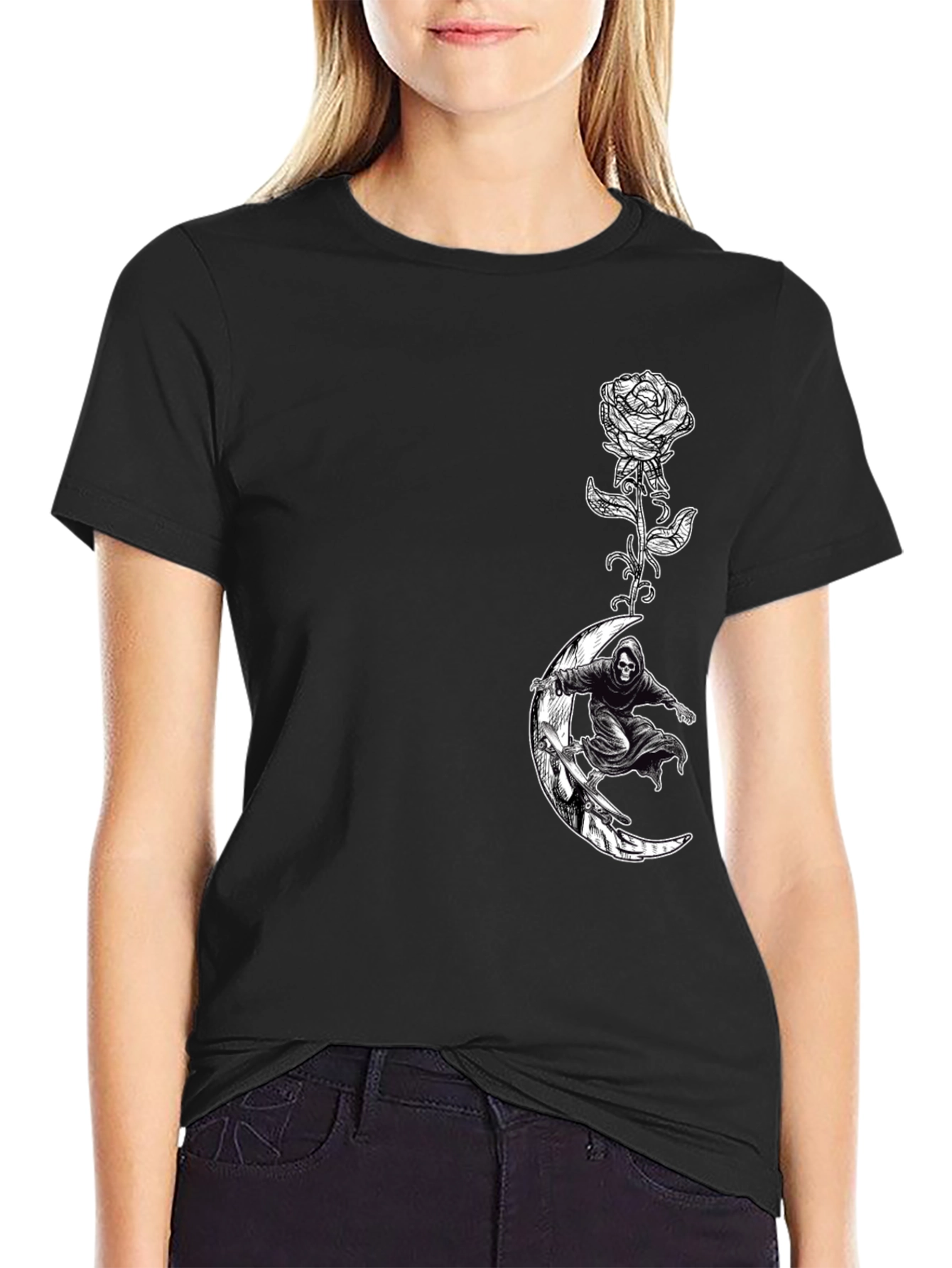 Grim Reaper Moon Rose Graphic T-Shirt