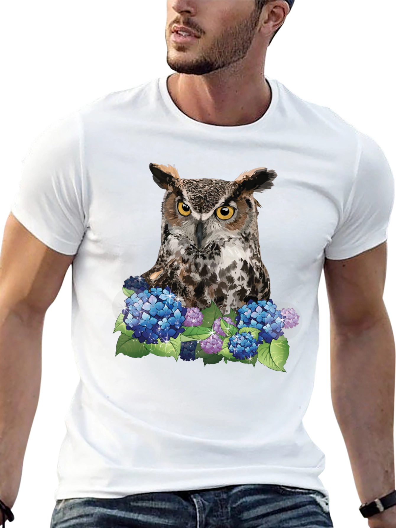 Owl and Hydrangea Graphic Tee - Nature T-Shirt