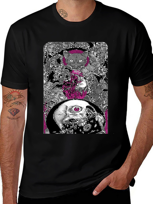 Surreal Graphic Print Tee - Cat Skull Zombie Black T-Shirt