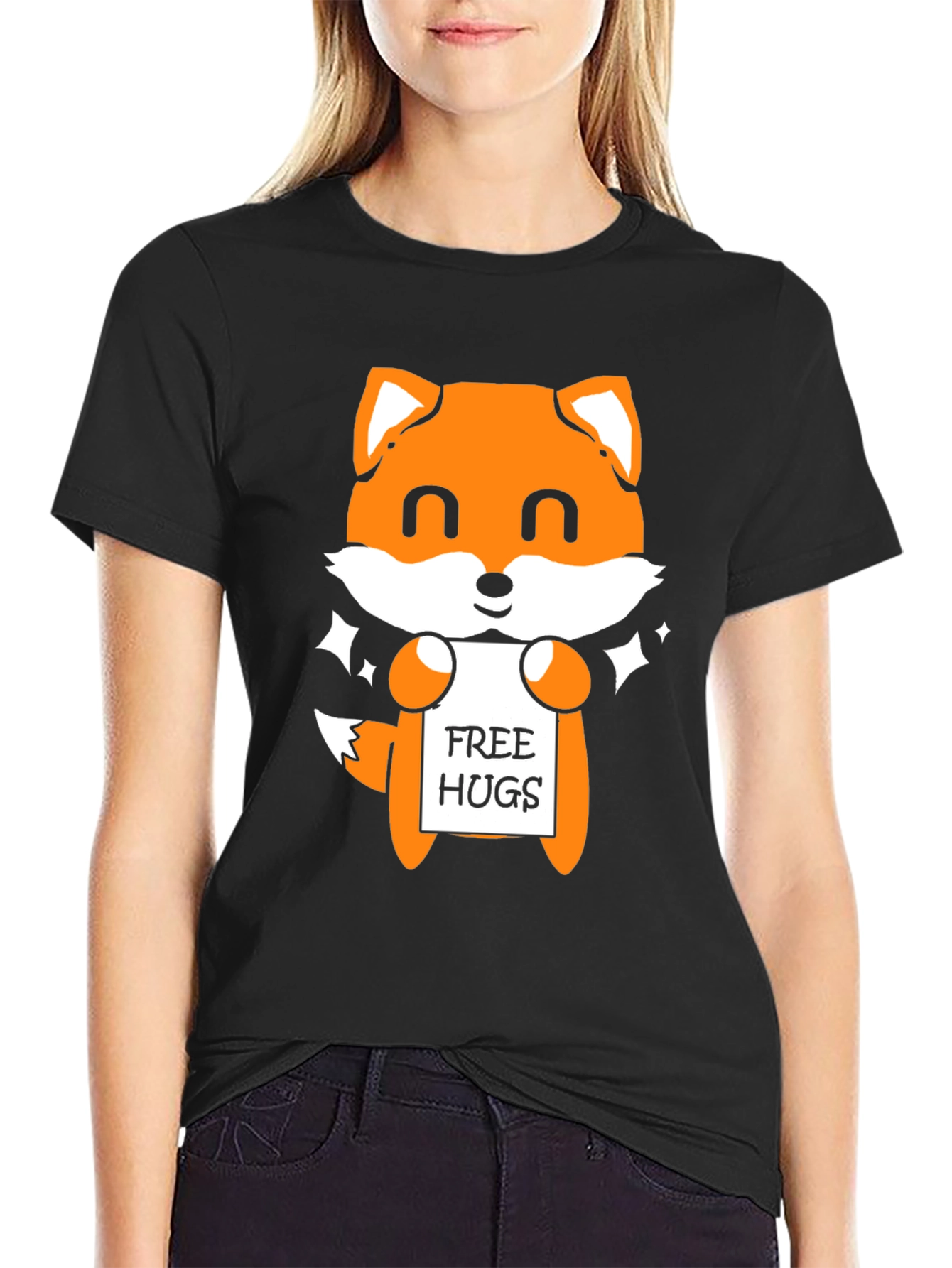 Cute Fox Free Hugs Black T-Shirt