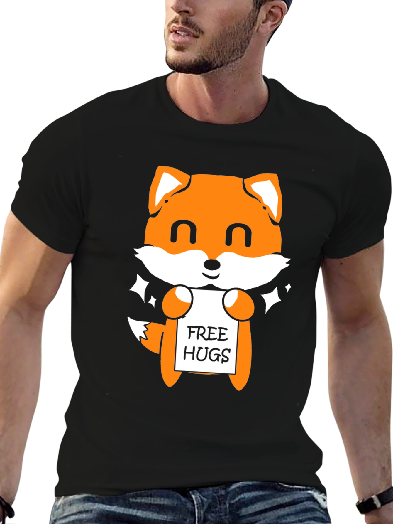 Cute Fox Free Hugs Black T-Shirt