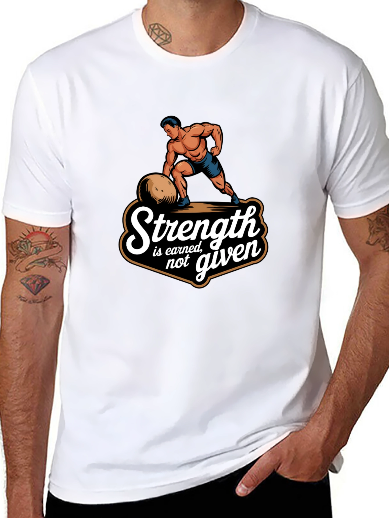 Strength Earned Graphic Tee - Bodybuilder Design Black T-Shirt