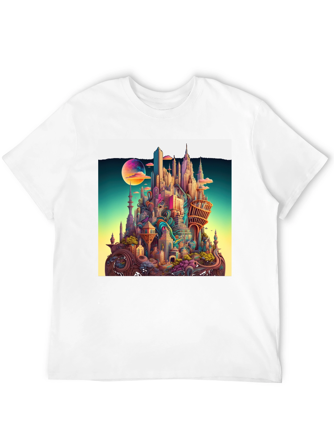 Whimsical Cityscape Graphic Tee - Unique Urban Fantasy Design