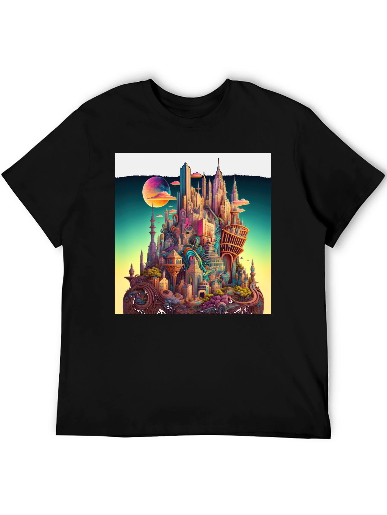 Whimsical Cityscape Graphic Tee - Unique Urban Fantasy Design