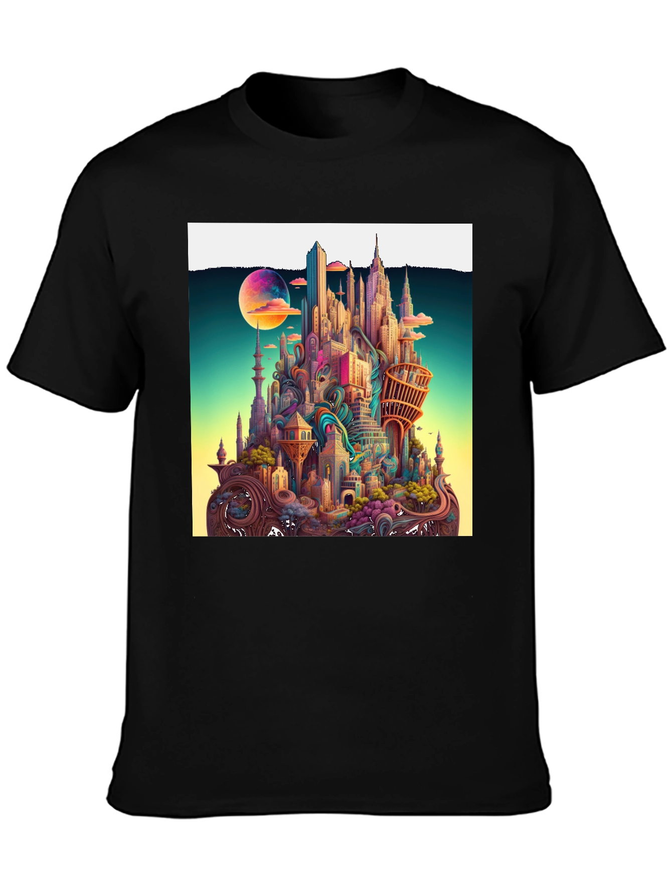 Whimsical Cityscape Graphic Tee - Unique Urban Fantasy Design