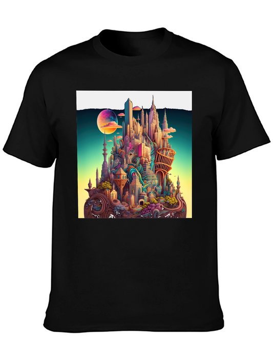 Whimsical Cityscape Graphic Tee - Unique Urban Fantasy Design