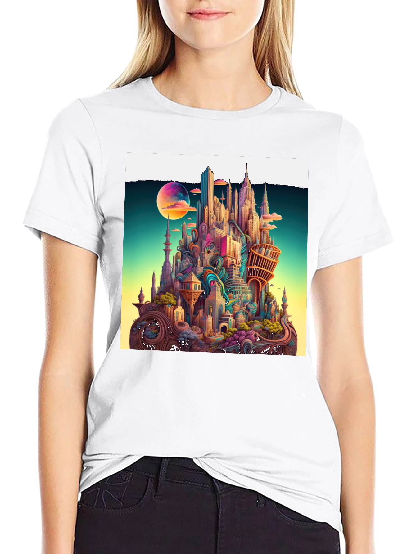 Whimsical Cityscape Graphic Tee - Unique Urban Fantasy Design