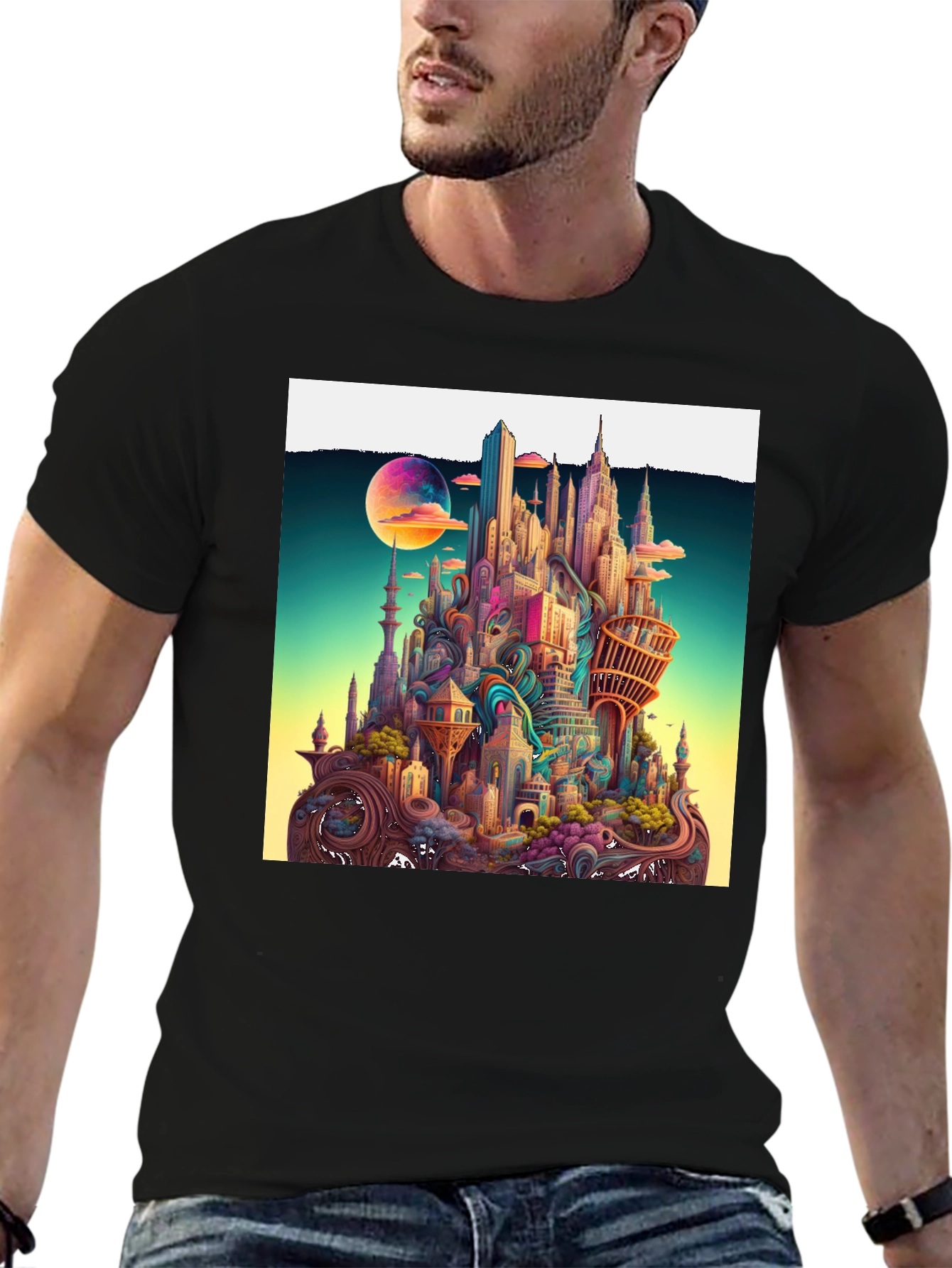 Whimsical Cityscape Graphic Tee - Unique Urban Fantasy Design