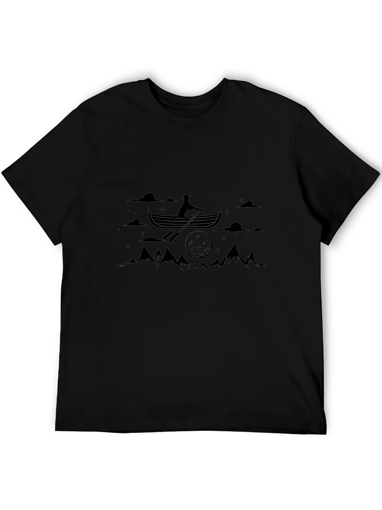 Black Graphic Tee: Rowing Boat Scene