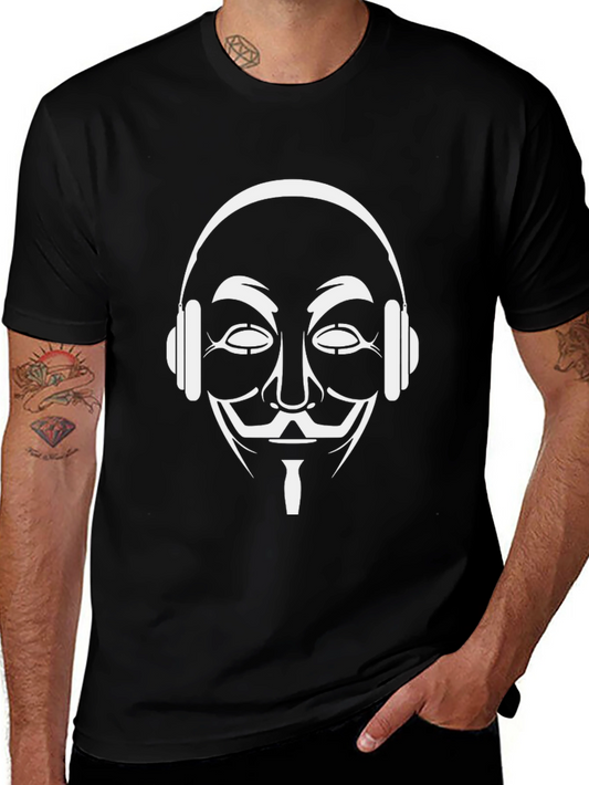 Black Graphic Tee - Anonymous Mask with Headphones