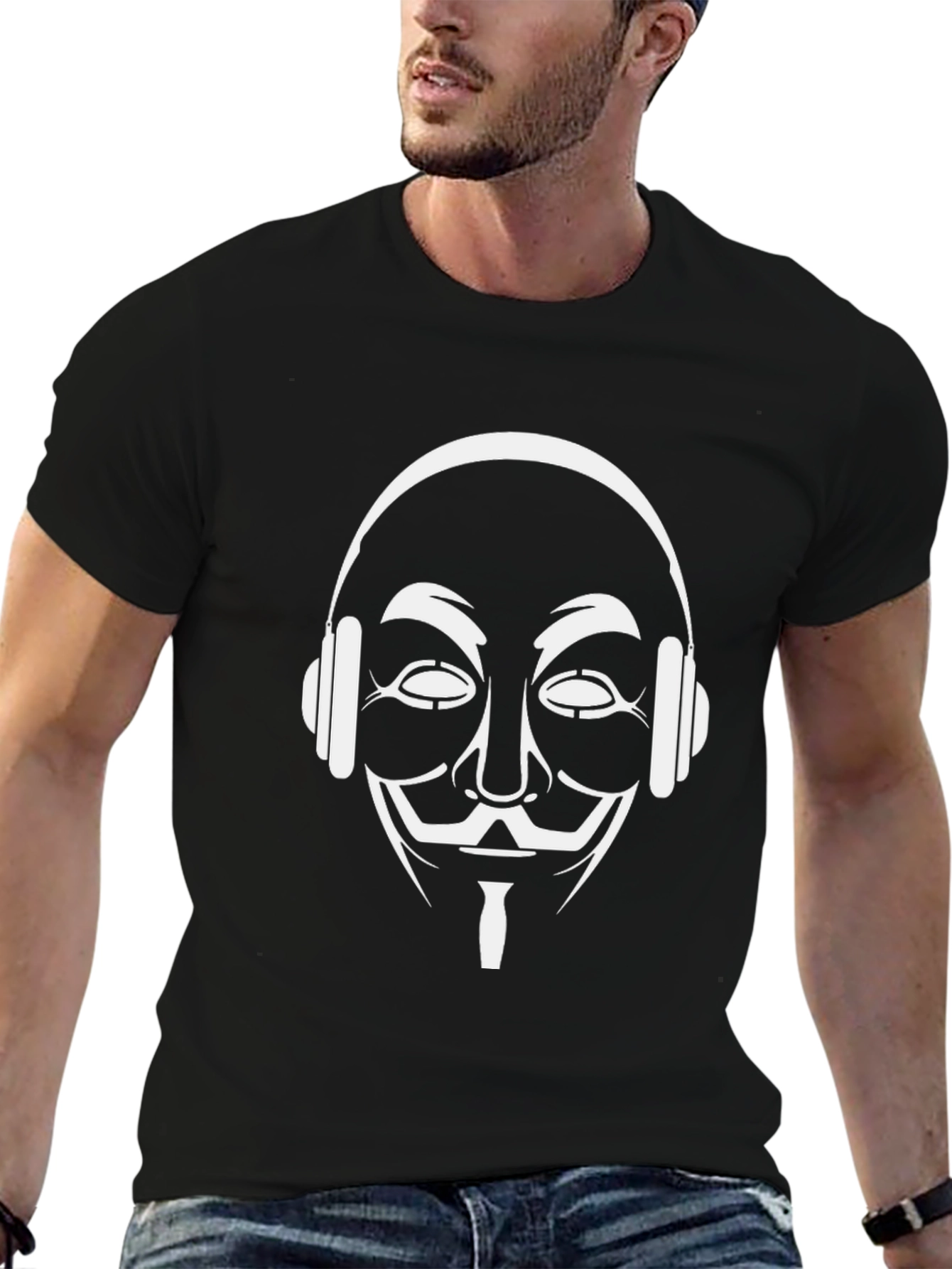 Black Graphic Tee - Anonymous Mask with Headphones