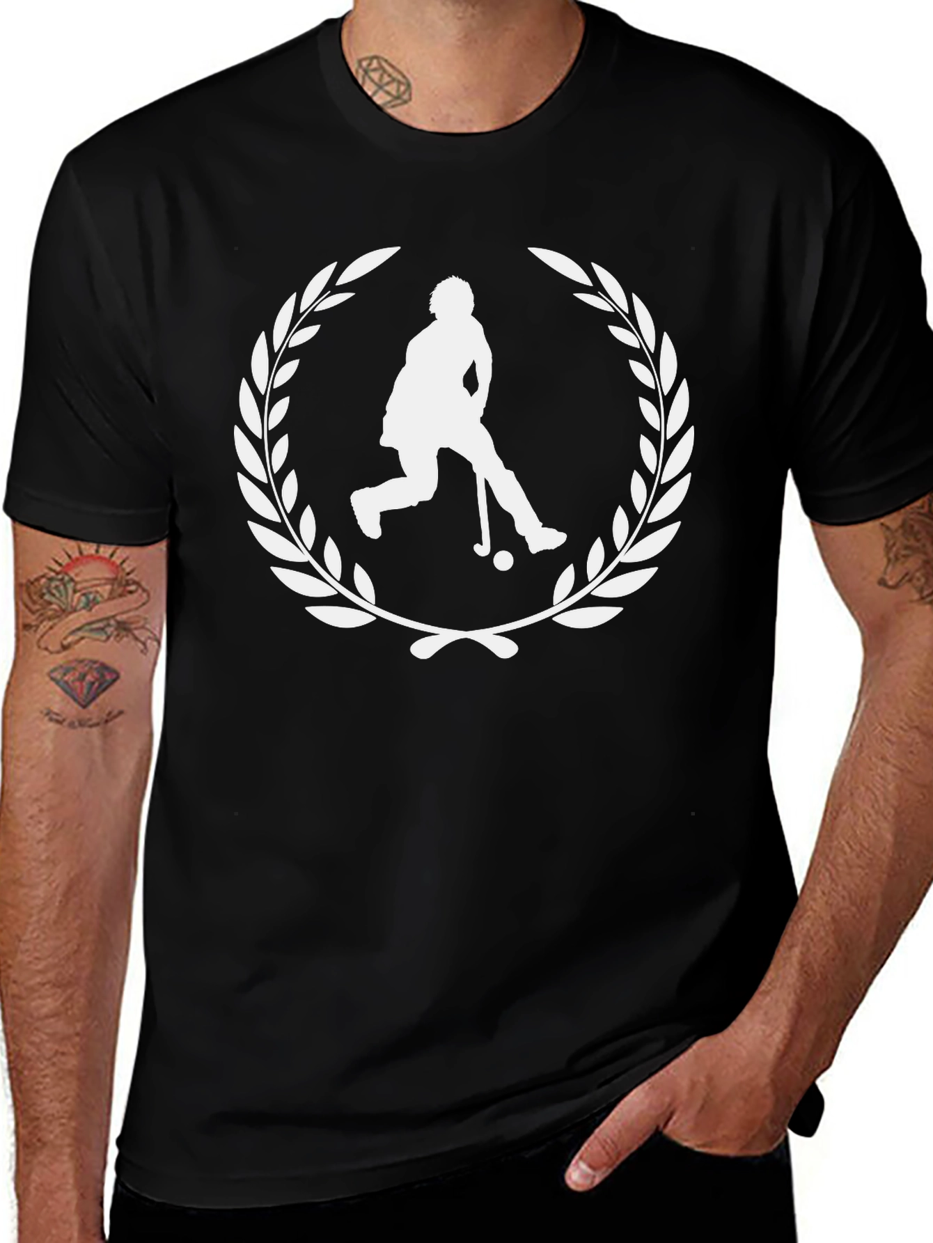Hockey Player Laurel Wreath Graphic Tee - Black