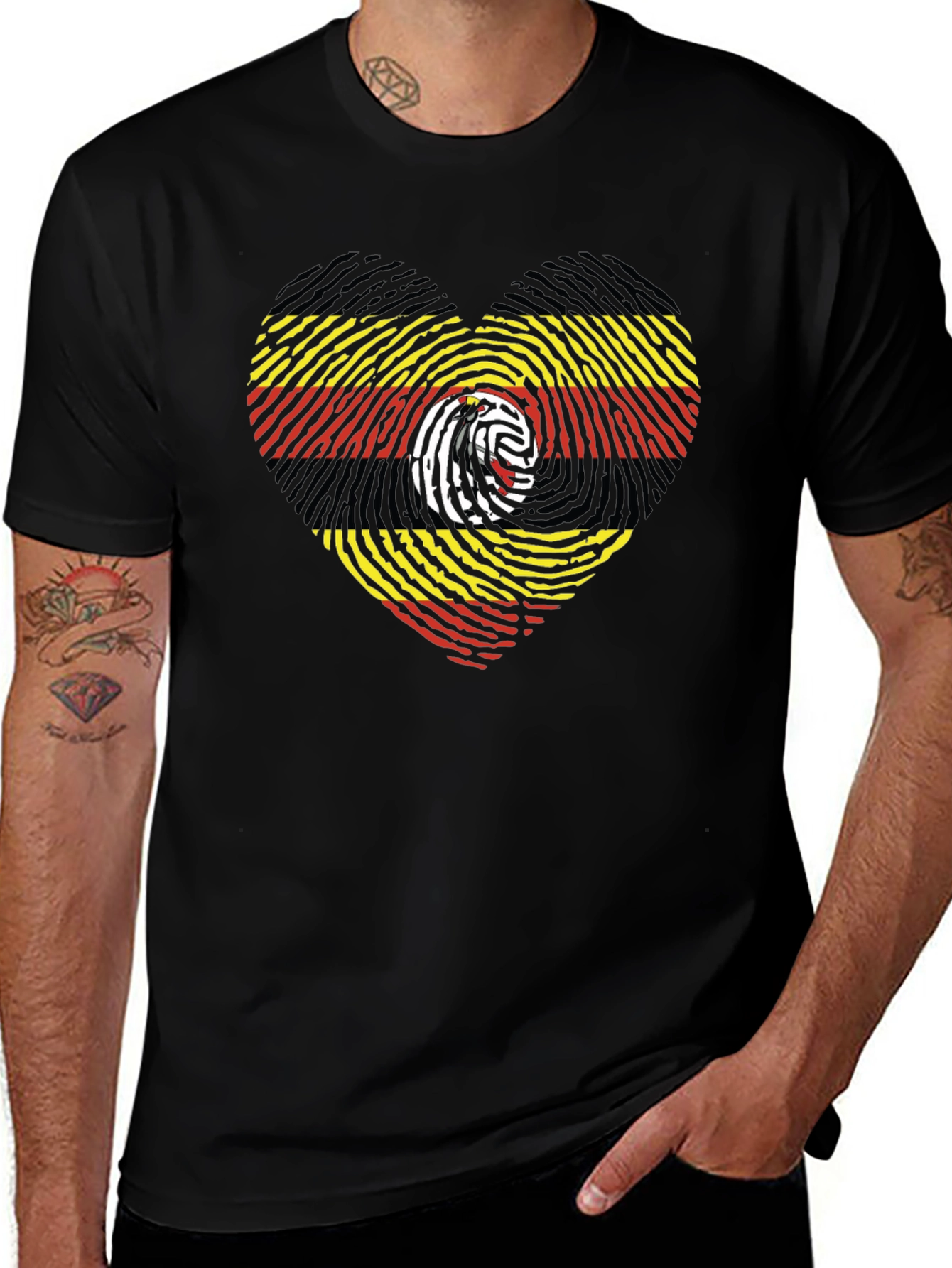 Uganda Flag Fingerprint Heart Graphic Tee