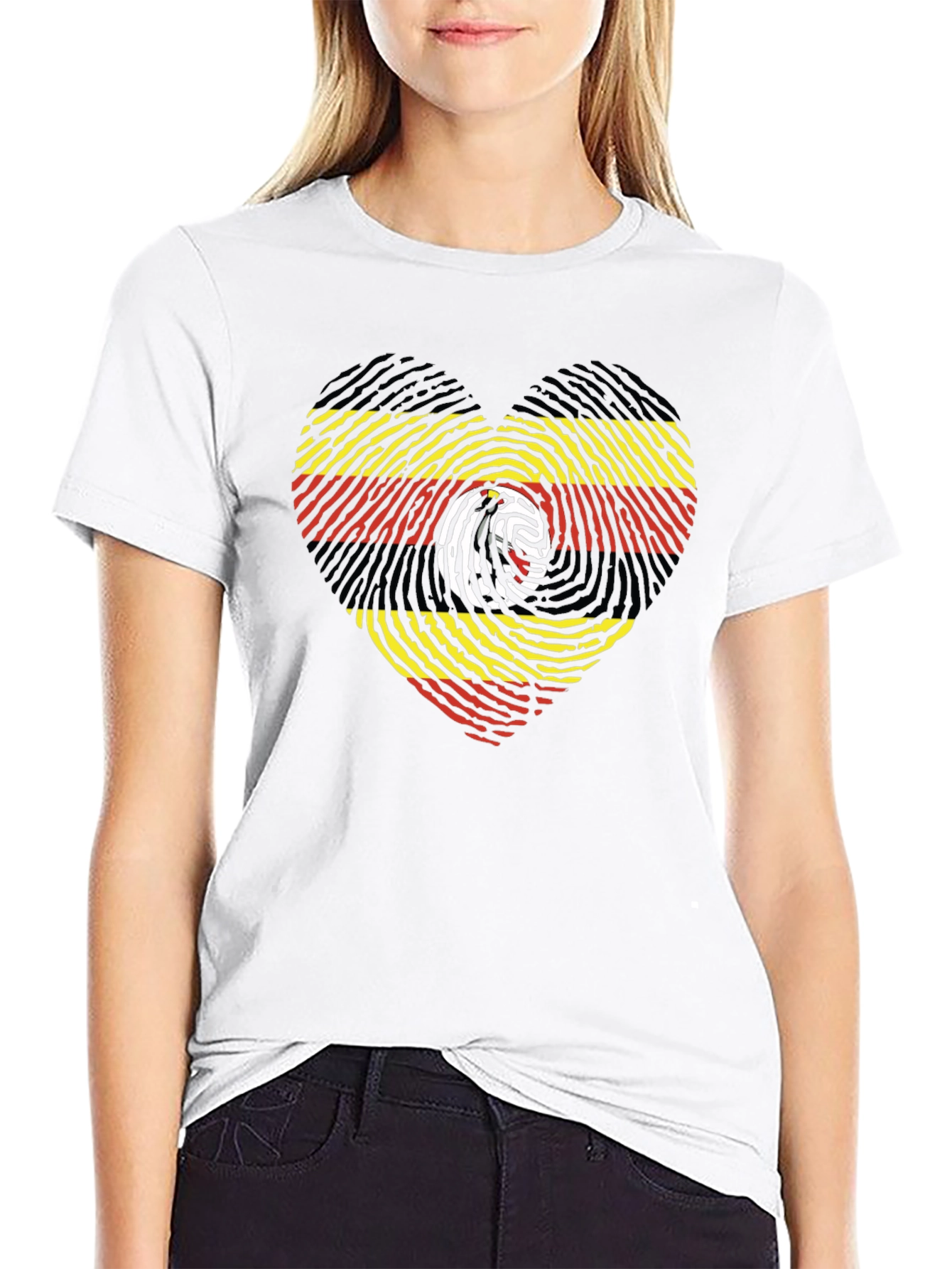 Uganda Flag Fingerprint Heart Graphic Tee