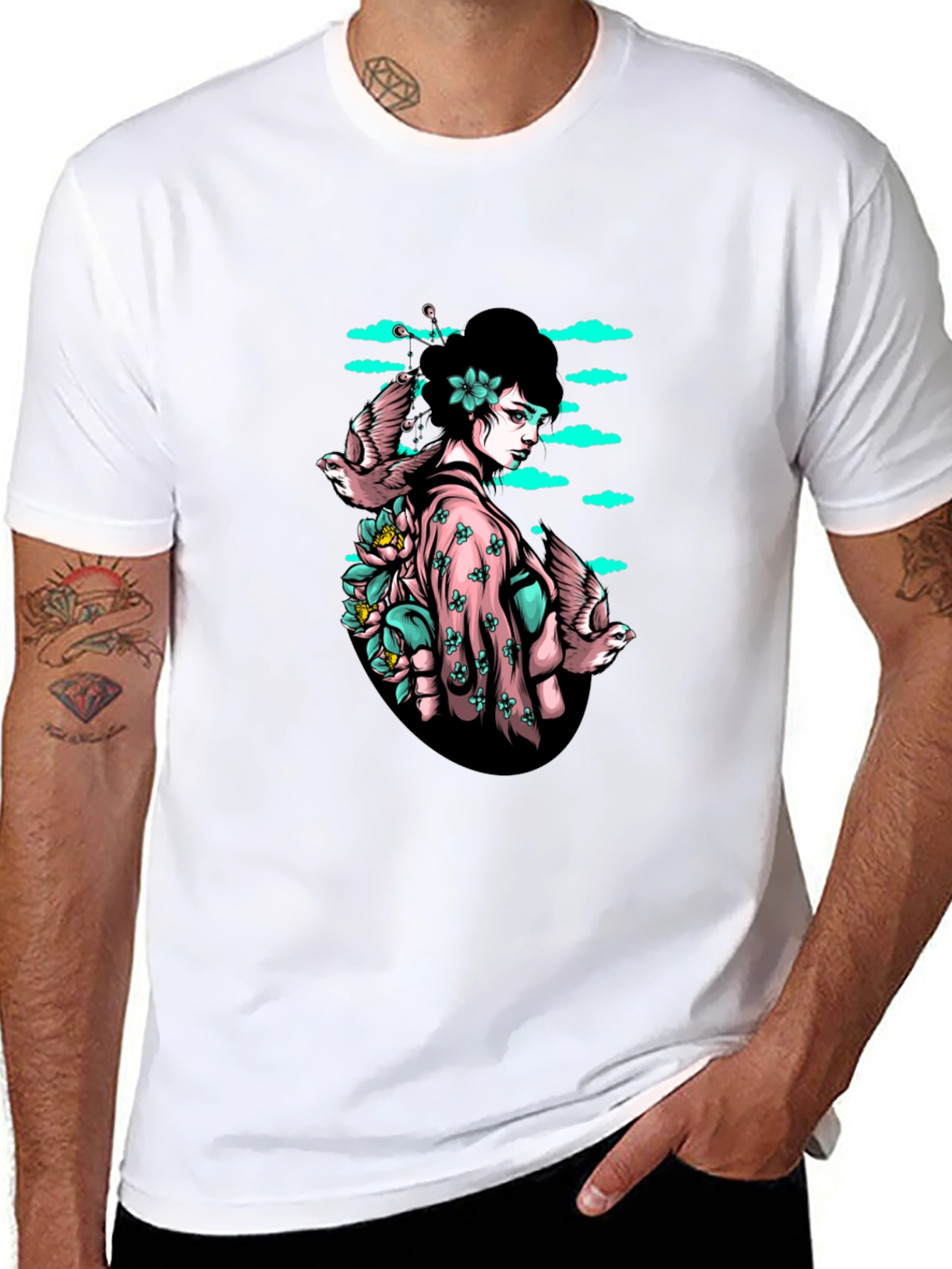 Geisha & Birds Graphic Tee - Unique Black T-Shirt