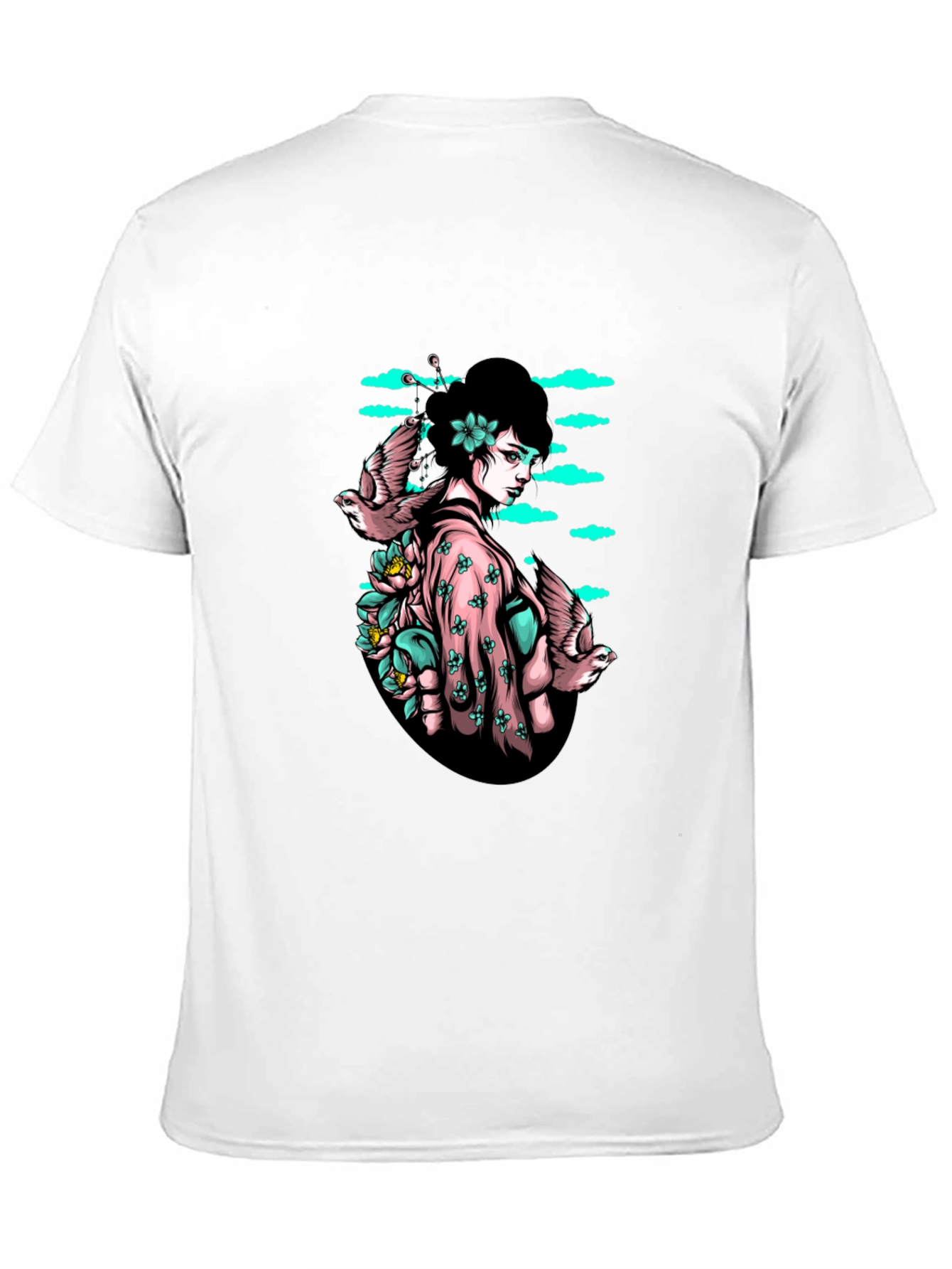 Geisha & Birds Graphic Tee - Unique Black T-Shirt