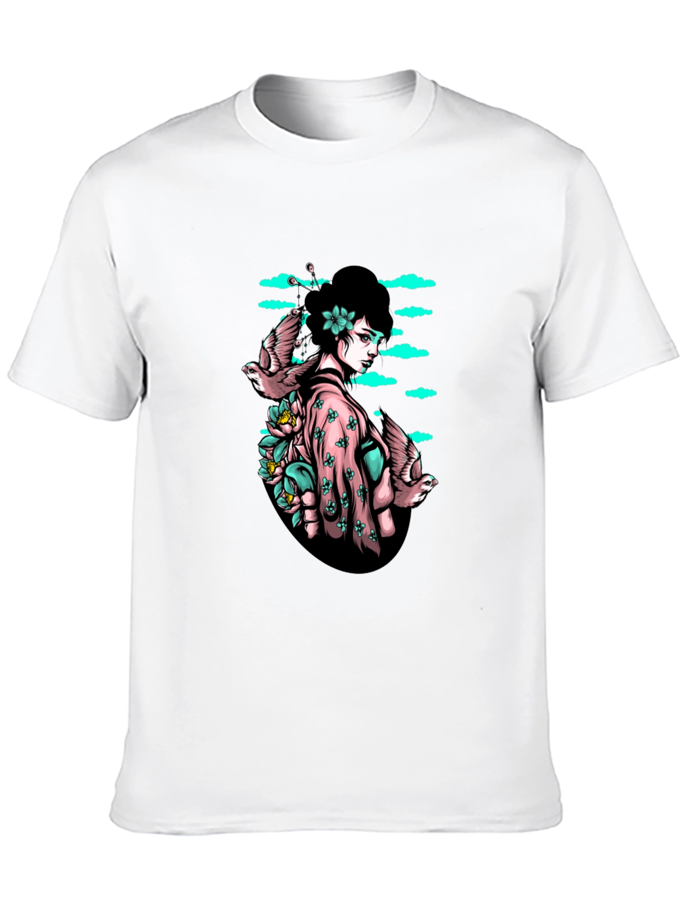 Geisha & Birds Graphic Tee - Unique Black T-Shirt