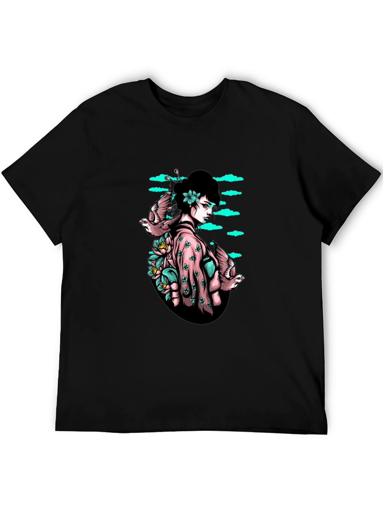 Geisha & Birds Graphic Tee - Unique Black T-Shirt