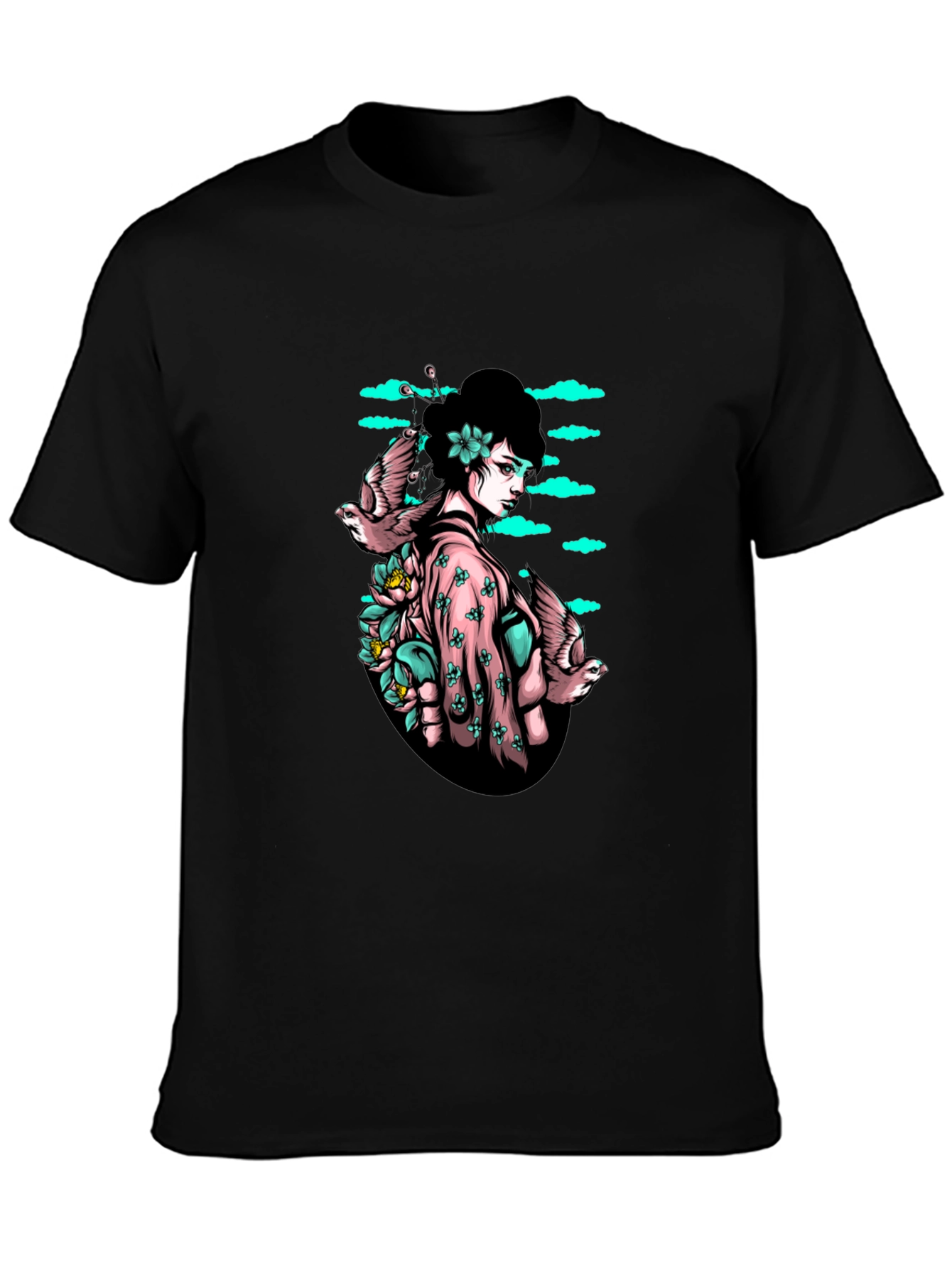 Geisha & Birds Graphic Tee - Unique Black T-Shirt