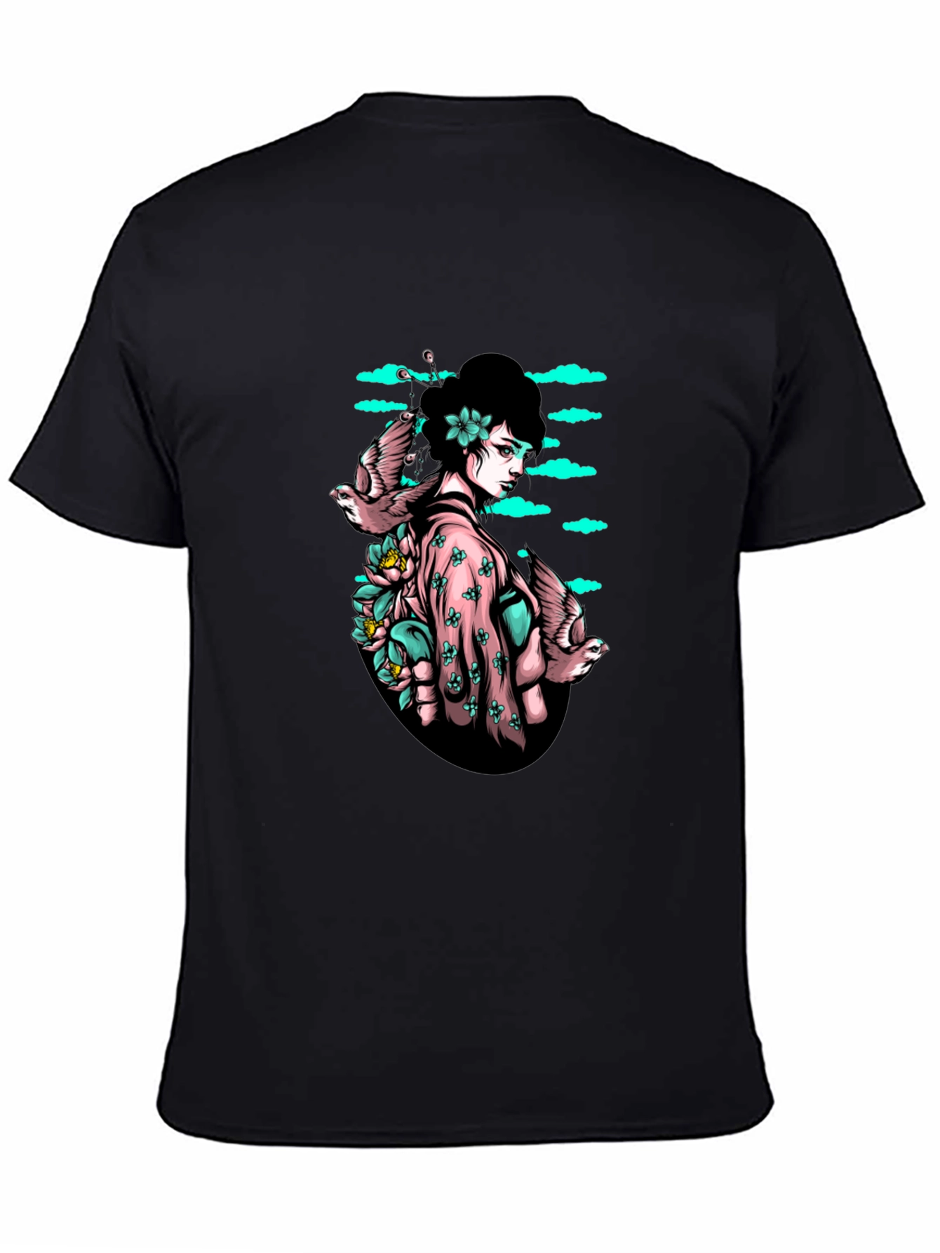 Geisha & Birds Graphic Tee - Unique Black T-Shirt