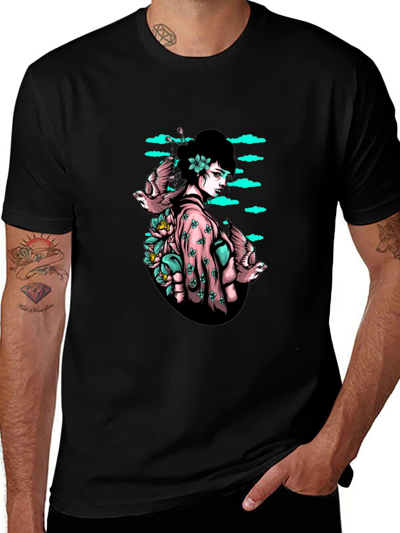 Geisha & Birds Graphic Tee - Unique Black T-Shirt