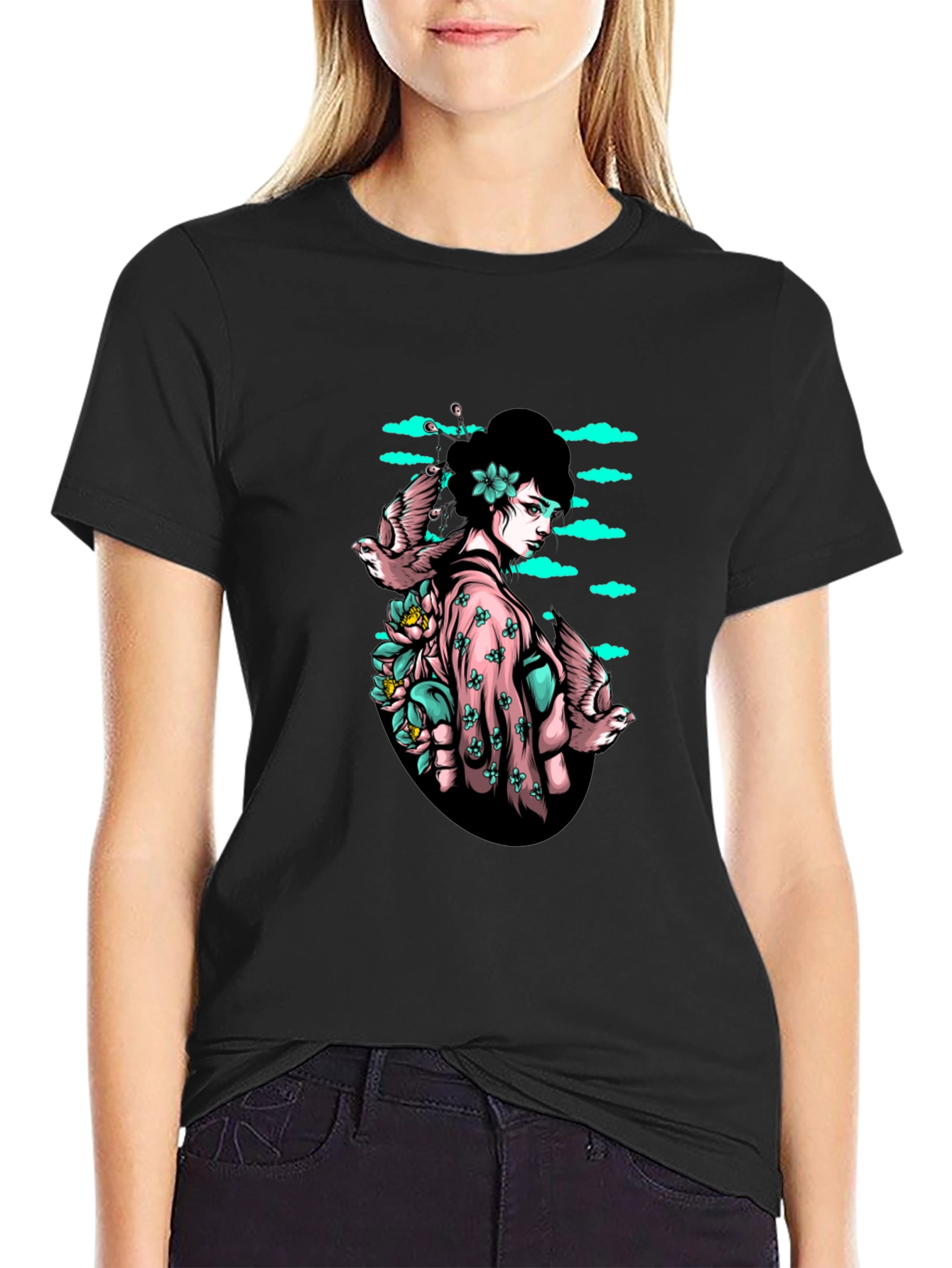 Geisha & Birds Graphic Tee - Unique Black T-Shirt