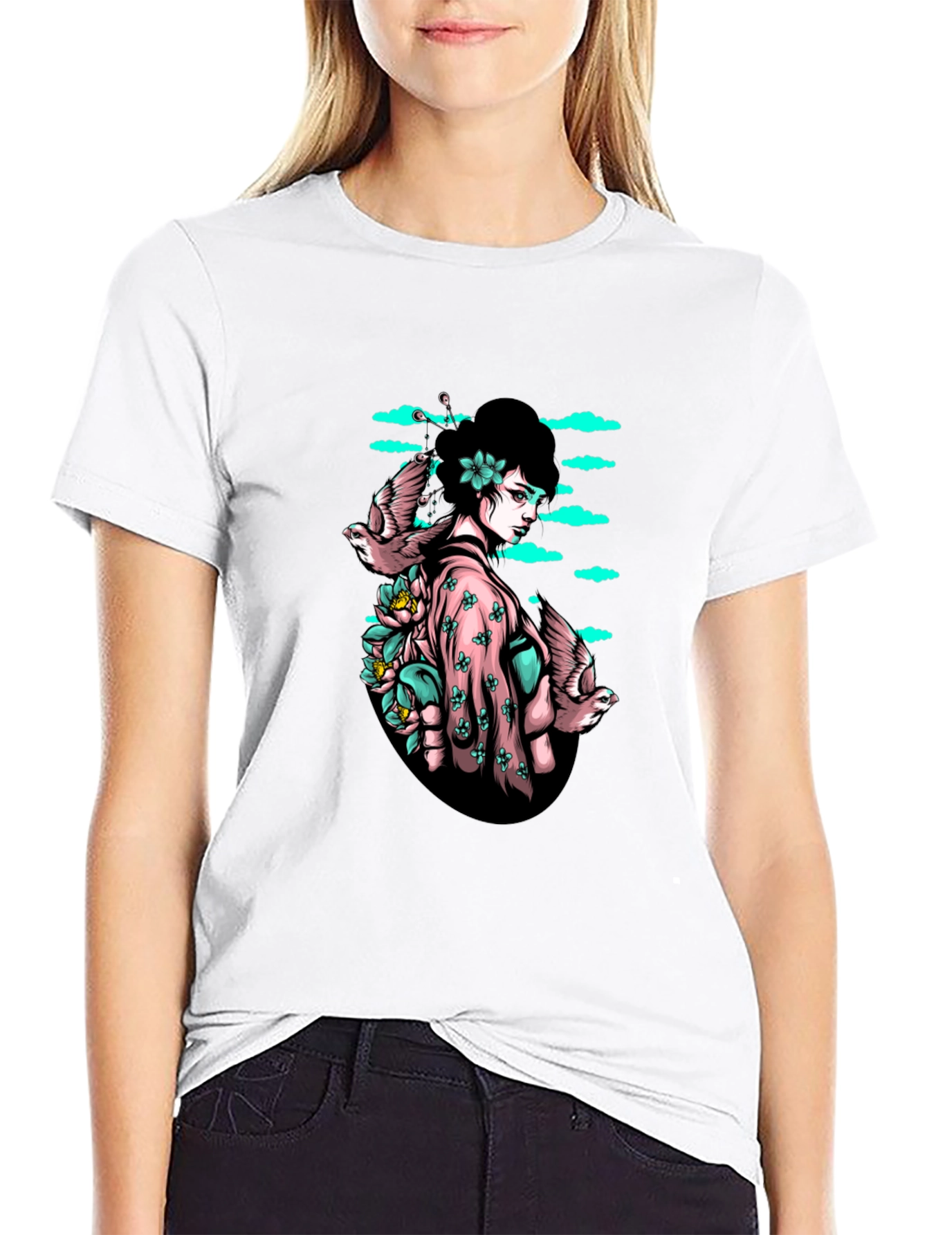 Geisha & Birds Graphic Tee - Unique Black T-Shirt