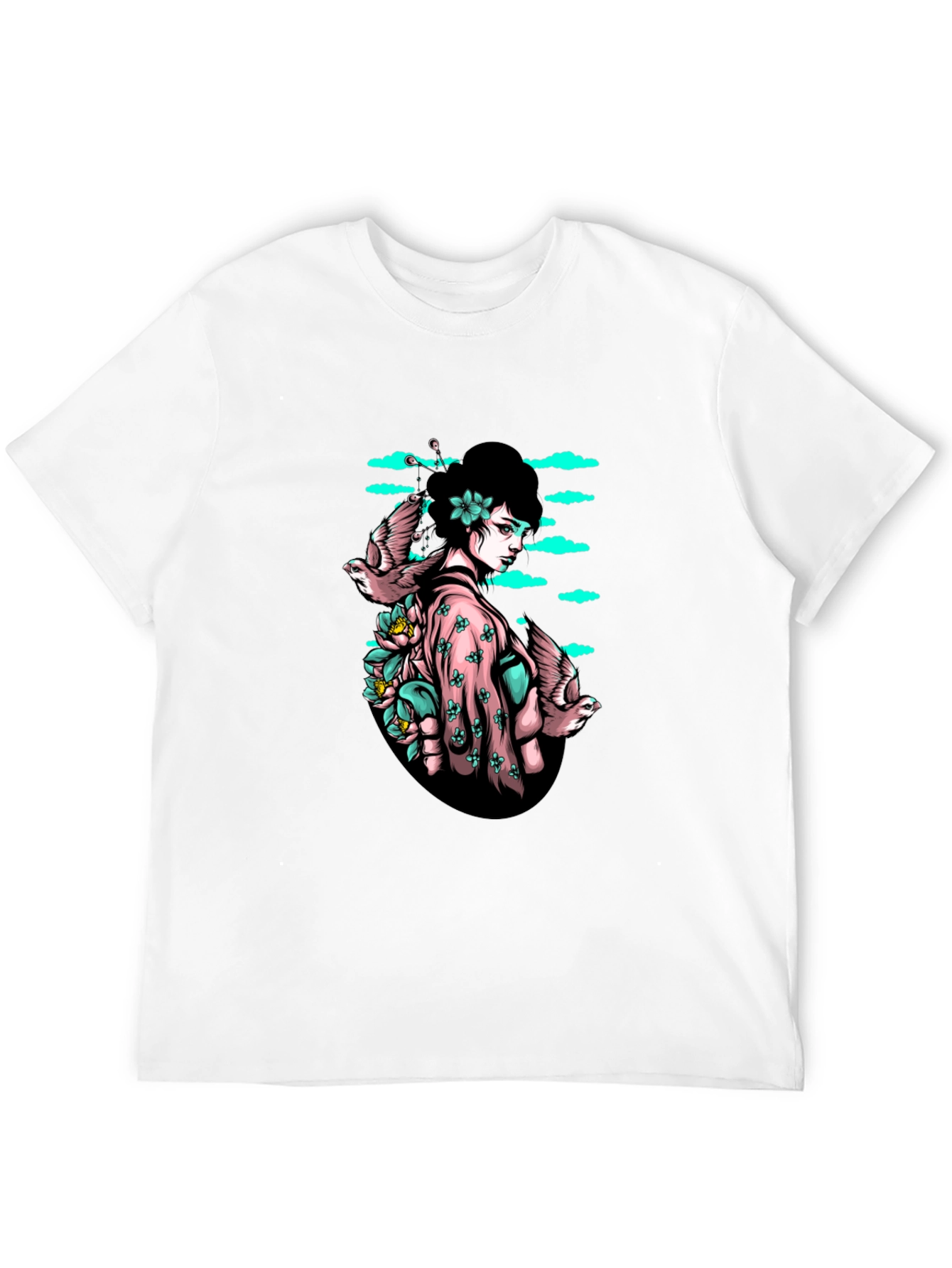 Geisha & Birds Graphic Tee - Unique Black T-Shirt
