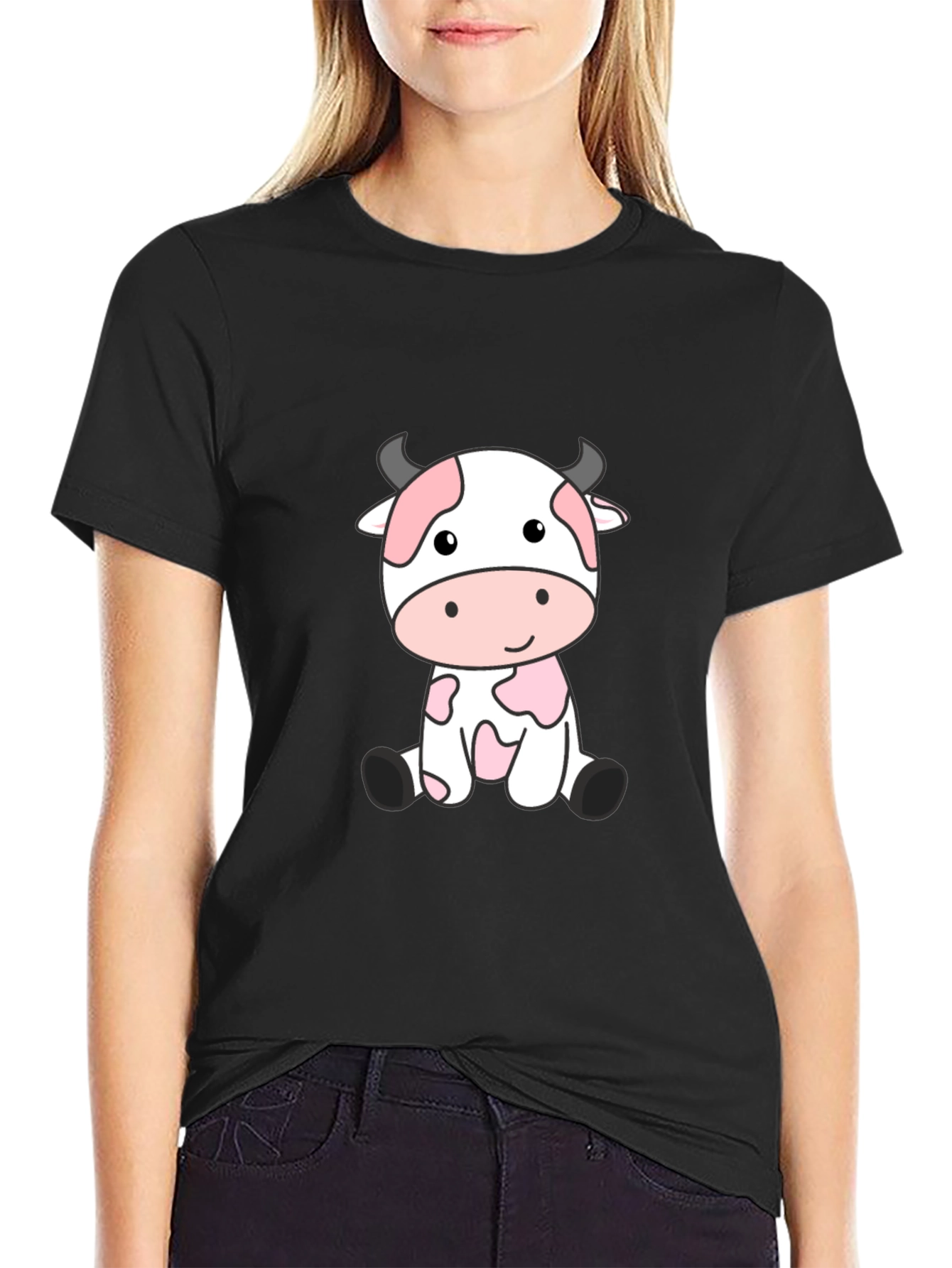 Cute Cartoon Cow Black T-Shirt
