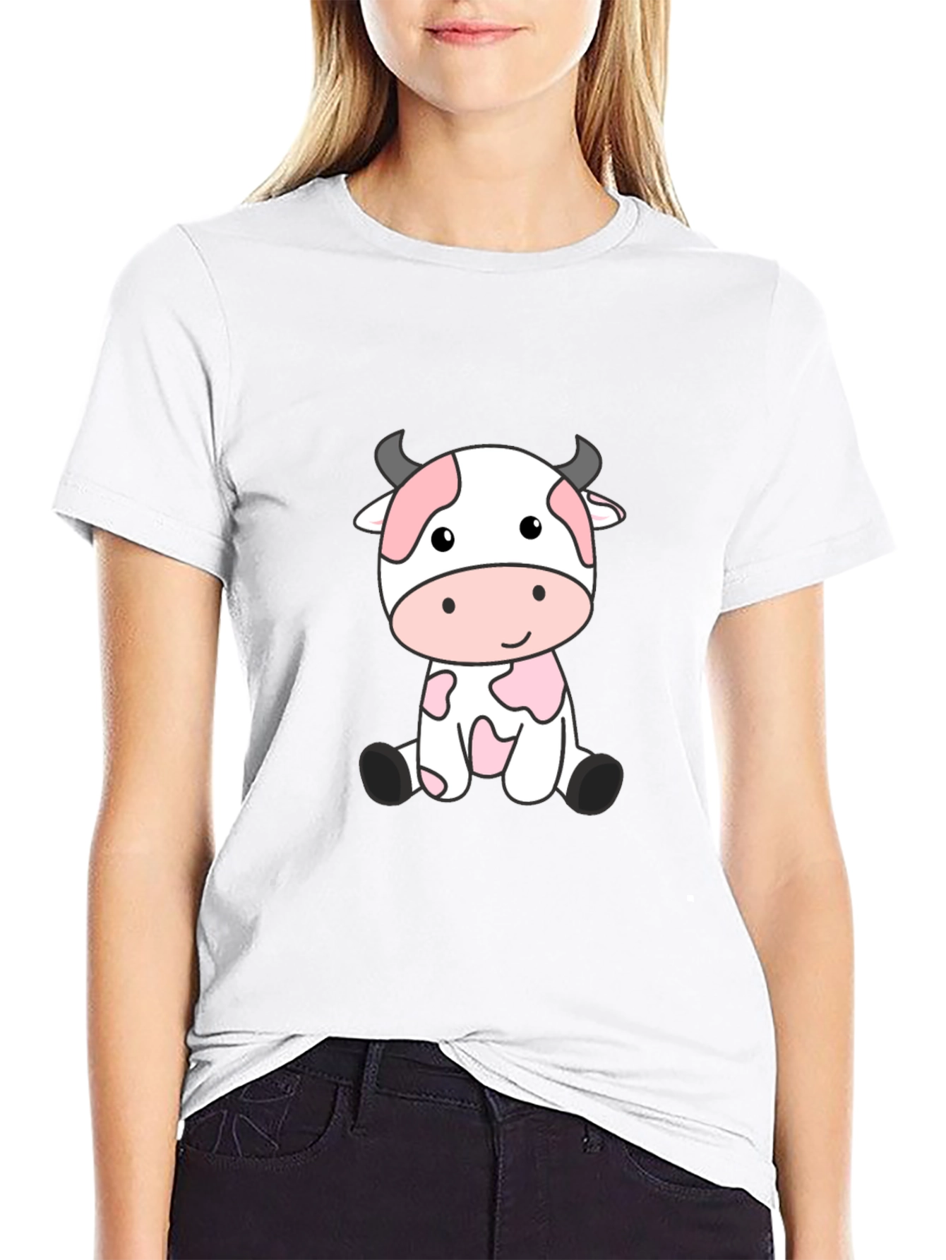 Cute Cartoon Cow Black T-Shirt