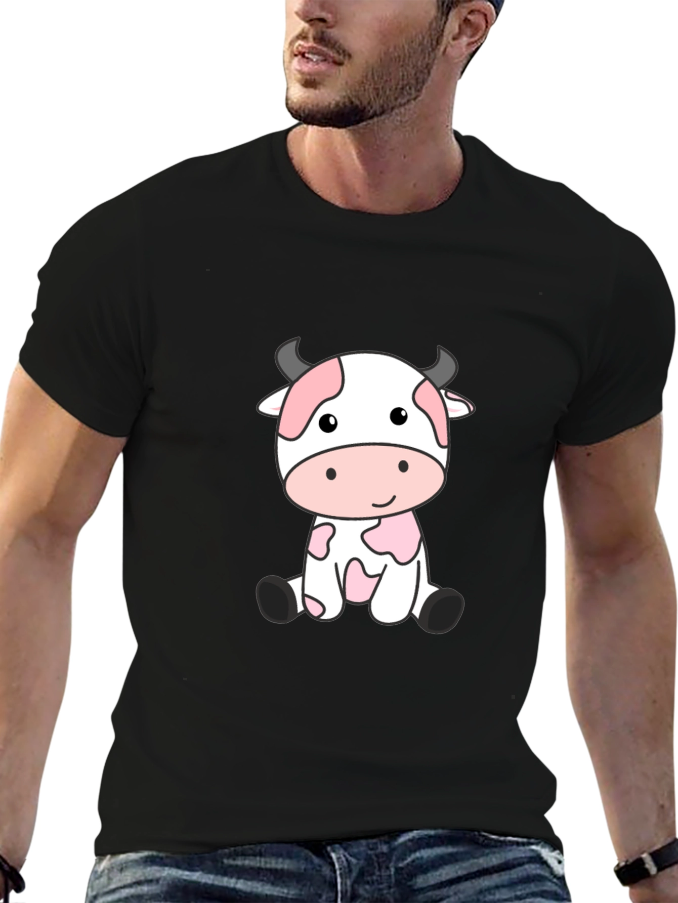 Cute Cartoon Cow Black T-Shirt