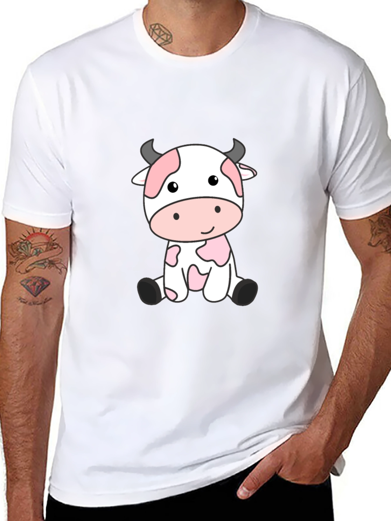 Cute Cartoon Cow Black T-Shirt