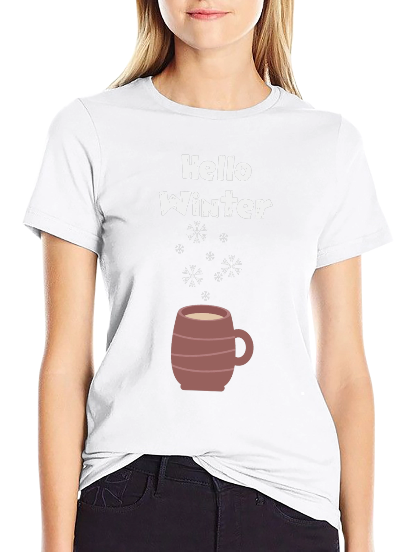 Hello Winter T-Shirt - Coffee Mug & Snowflakes