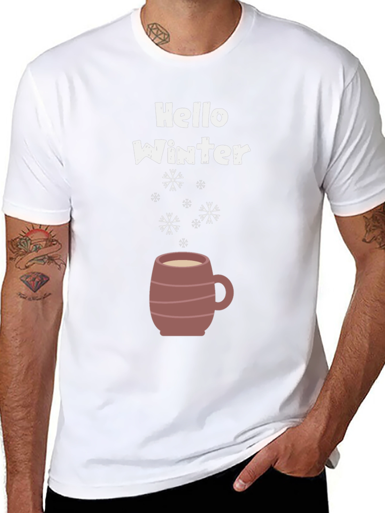 Hello Winter T-Shirt - Coffee Mug & Snowflakes