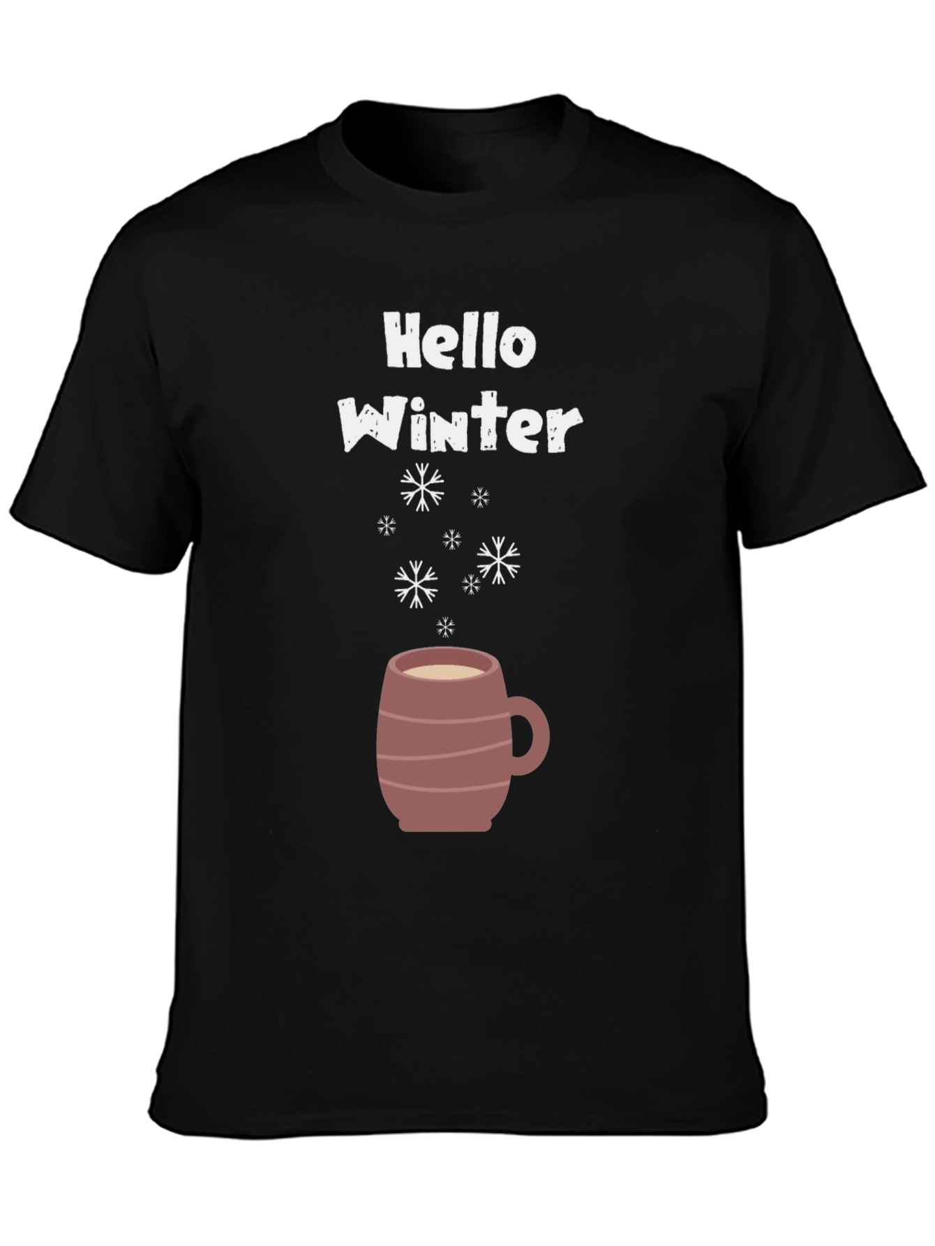 Hello Winter T-Shirt - Coffee Mug & Snowflakes