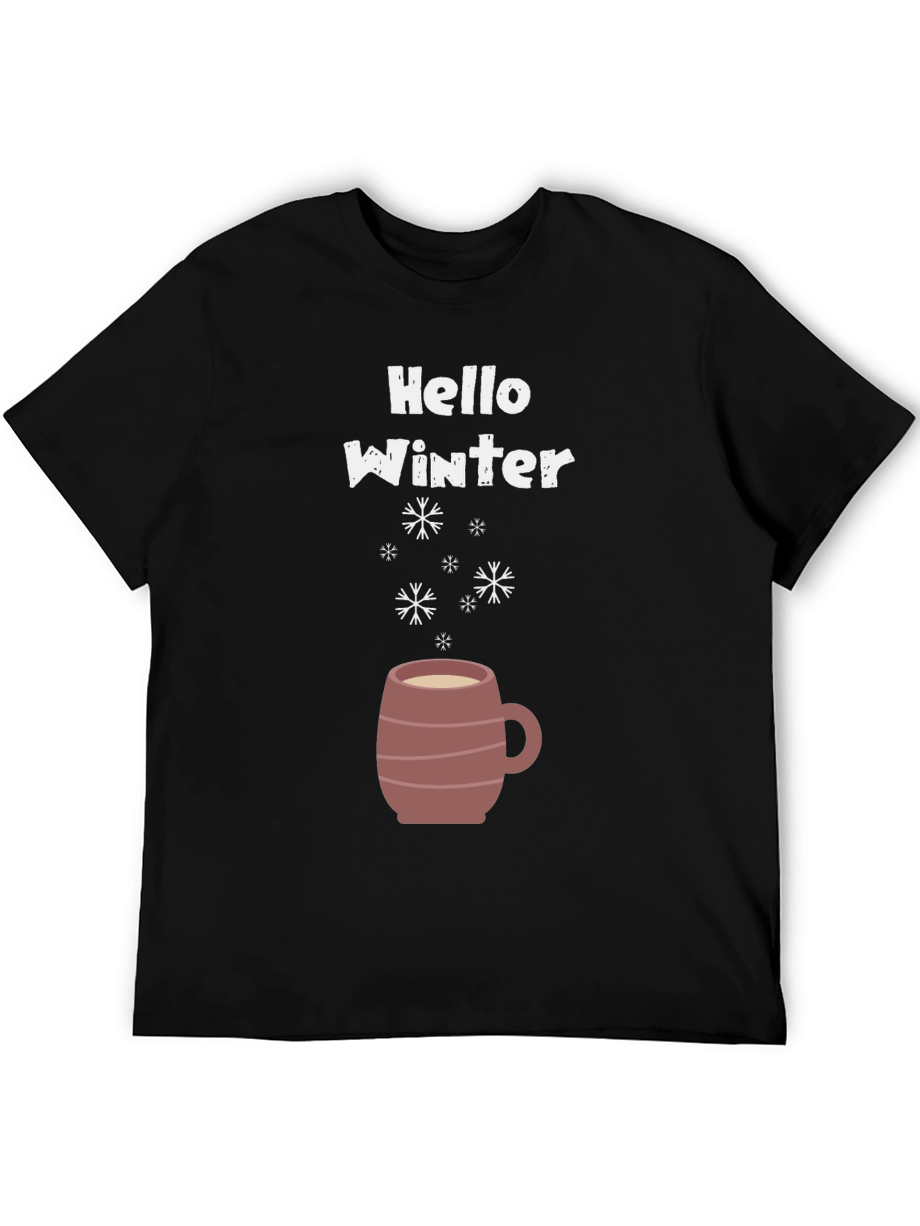 Hello Winter T-Shirt - Coffee Mug & Snowflakes