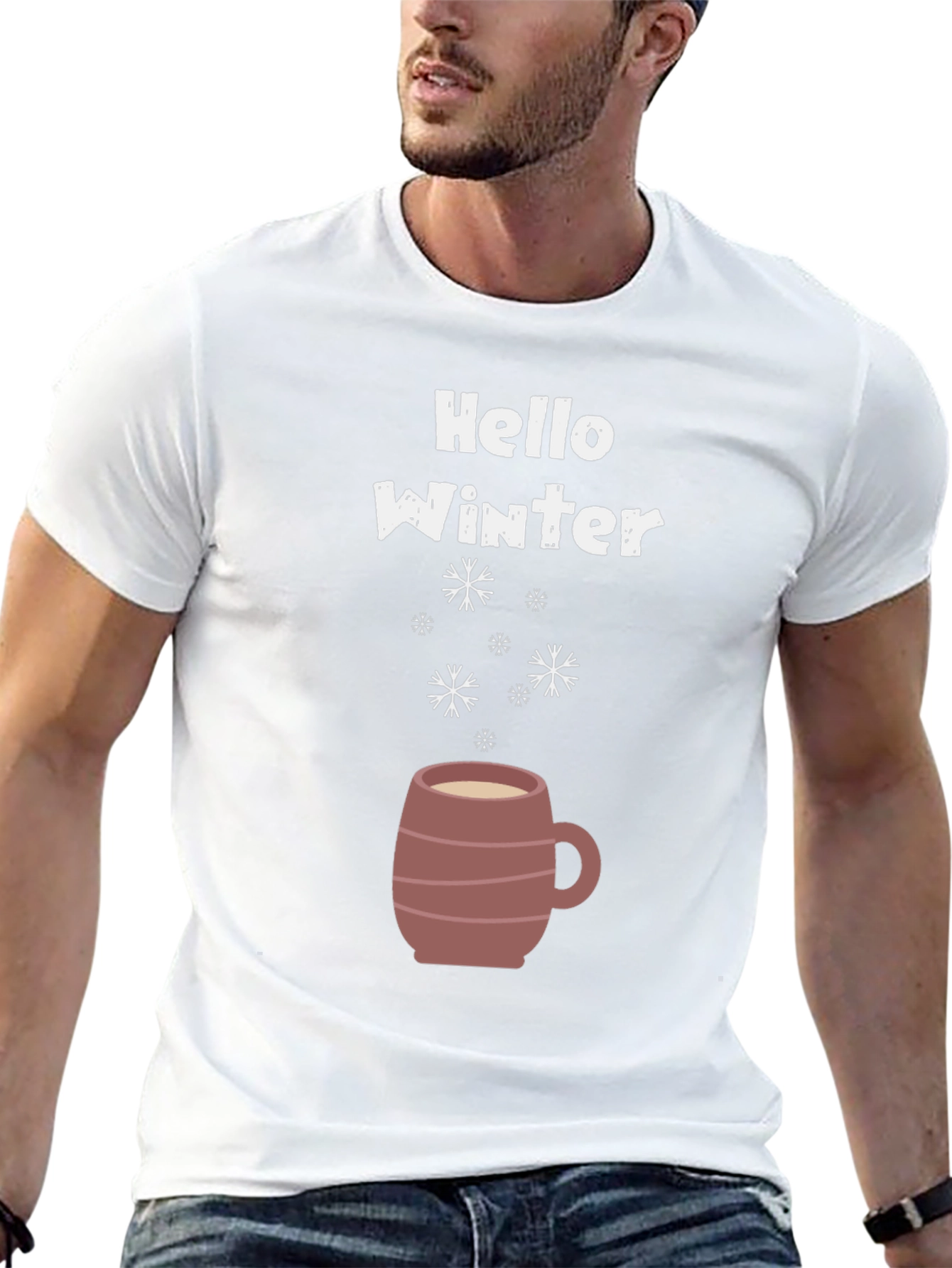 Hello Winter T-Shirt - Coffee Mug & Snowflakes