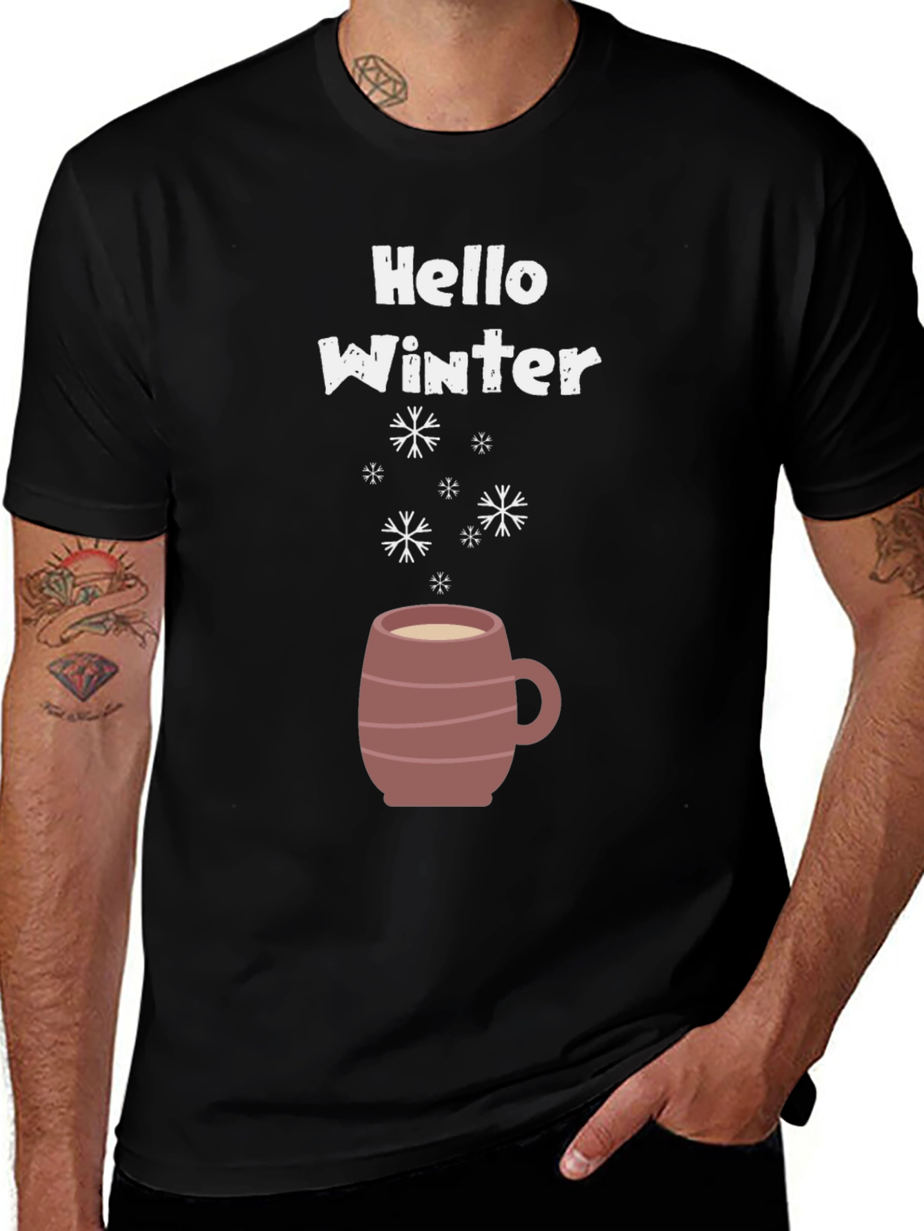 Hello Winter T-Shirt - Coffee Mug & Snowflakes